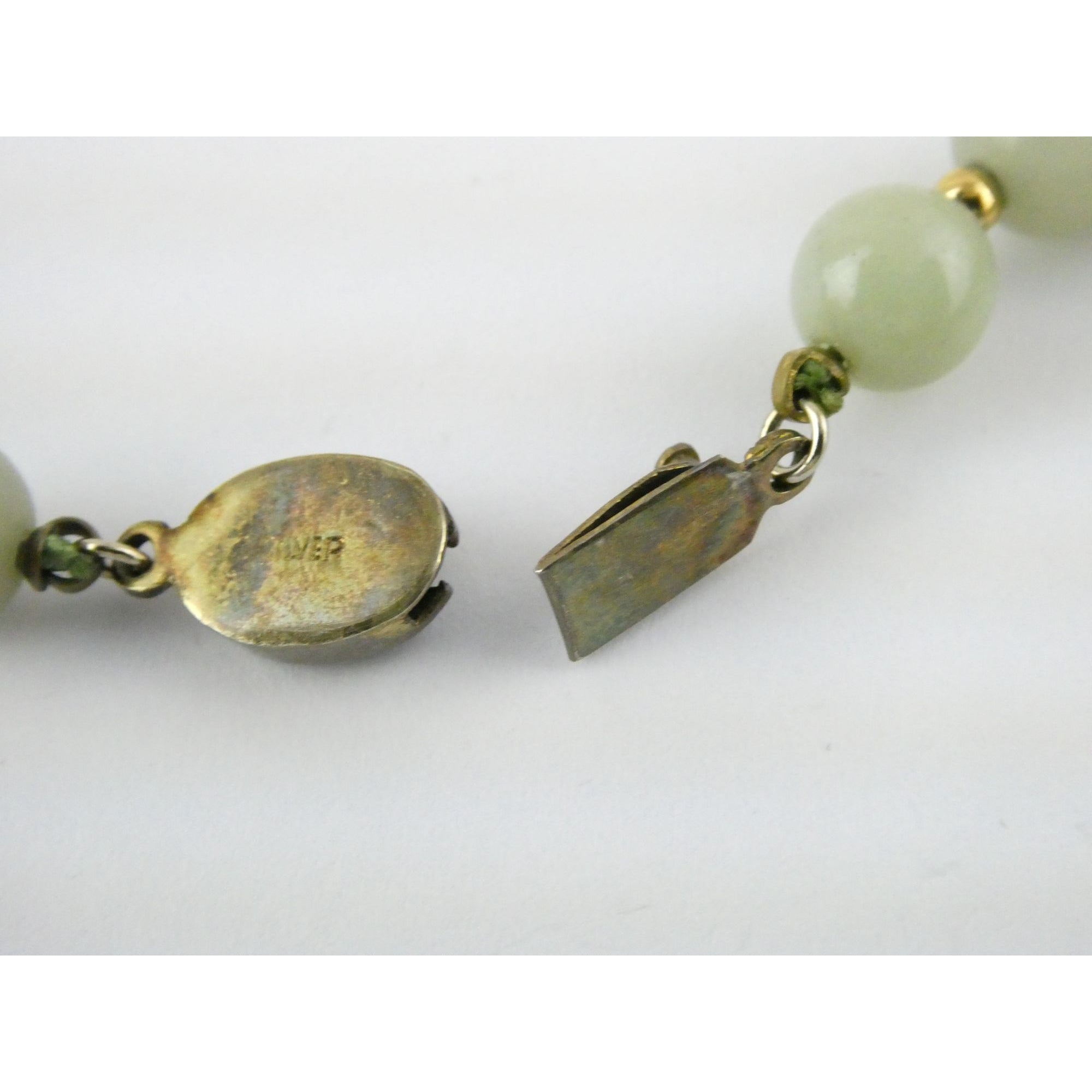 Chinese Export Gilt Sterling Silver Pale Green Jade Beaded Necklace 16 Inch 11mm