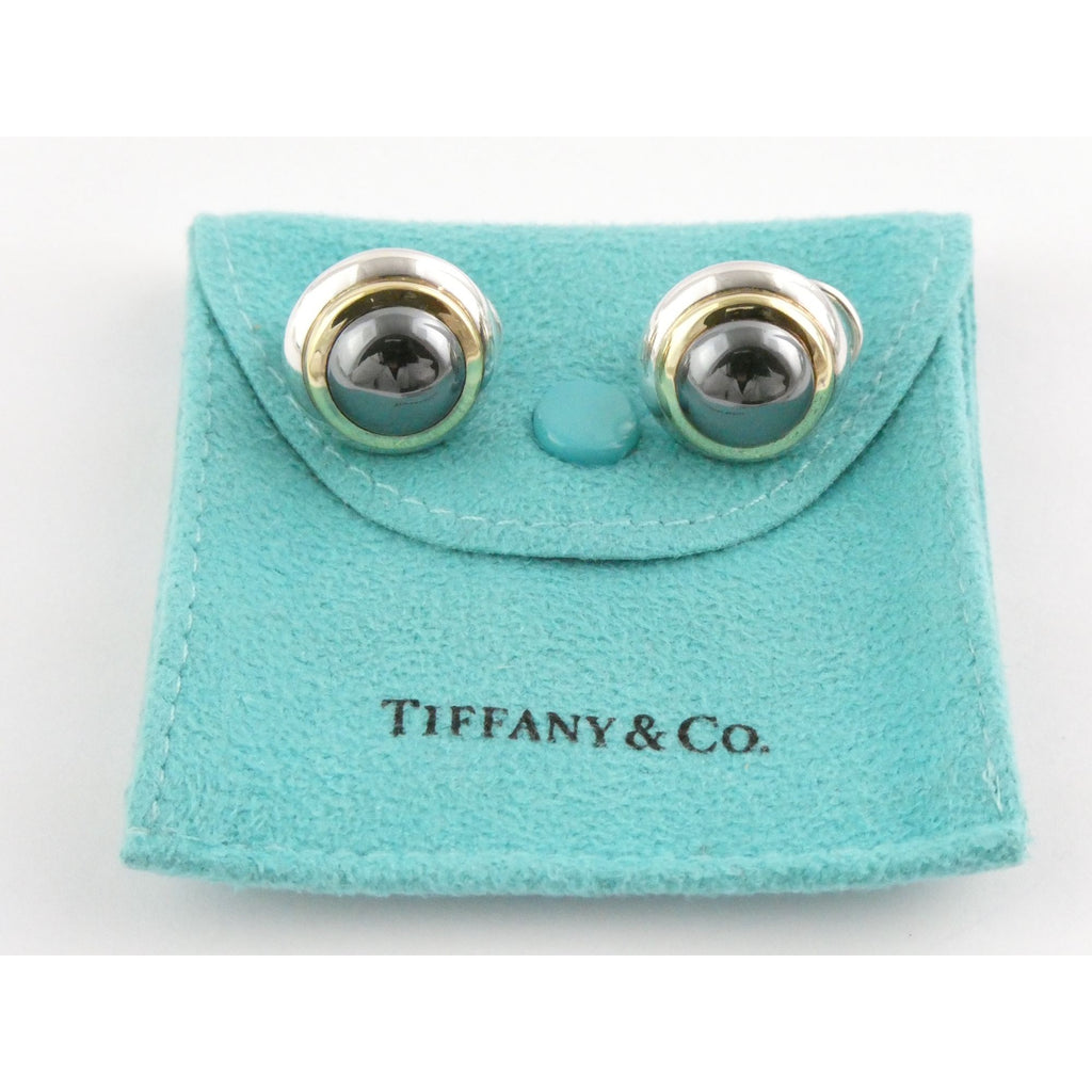Tiffany and Co 18k Yellow Gold Sterling Silver Hematite Omega Back Earrings 16g