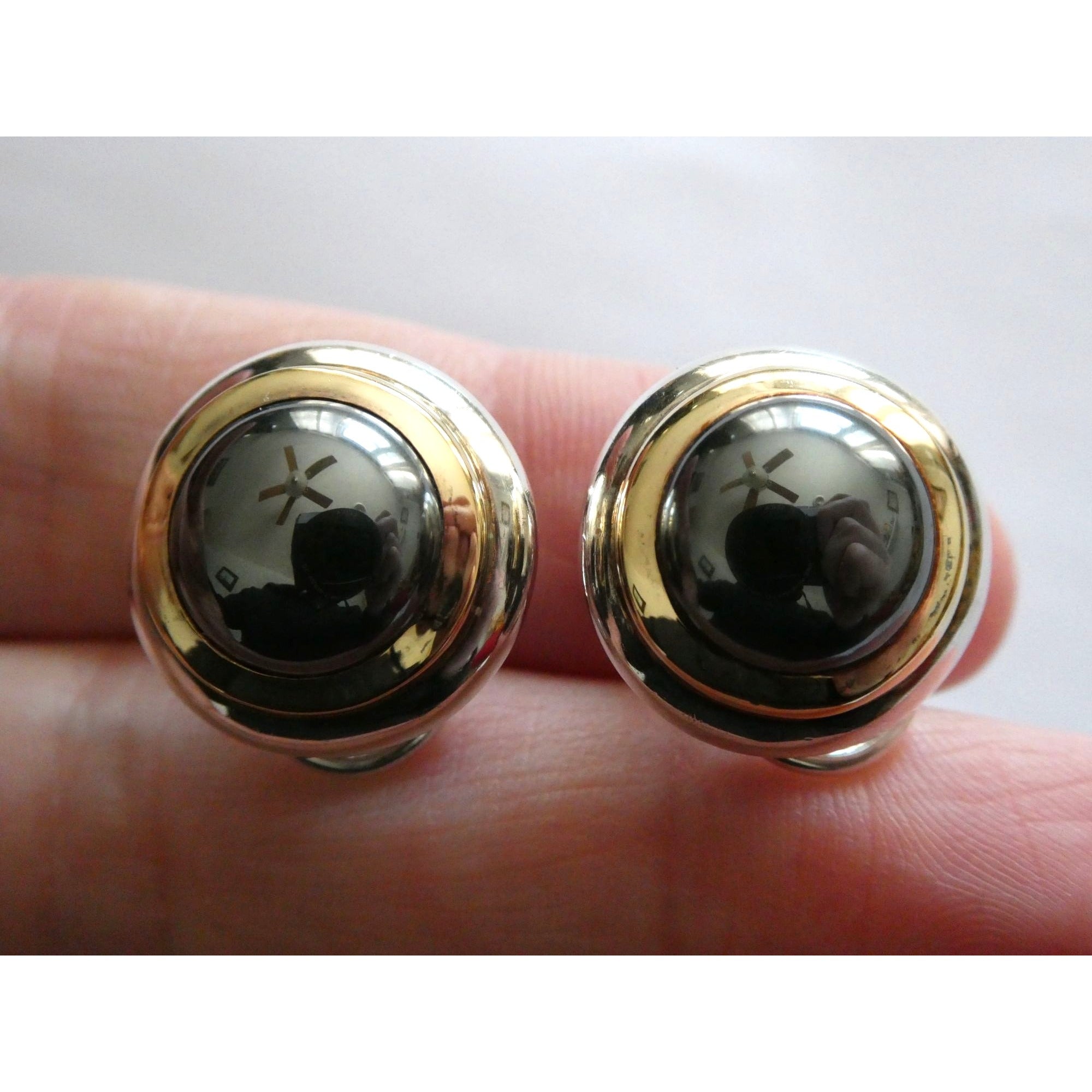 Tiffany and Co 18k Yellow Gold Sterling Silver Hematite Omega Back Earrings 16g