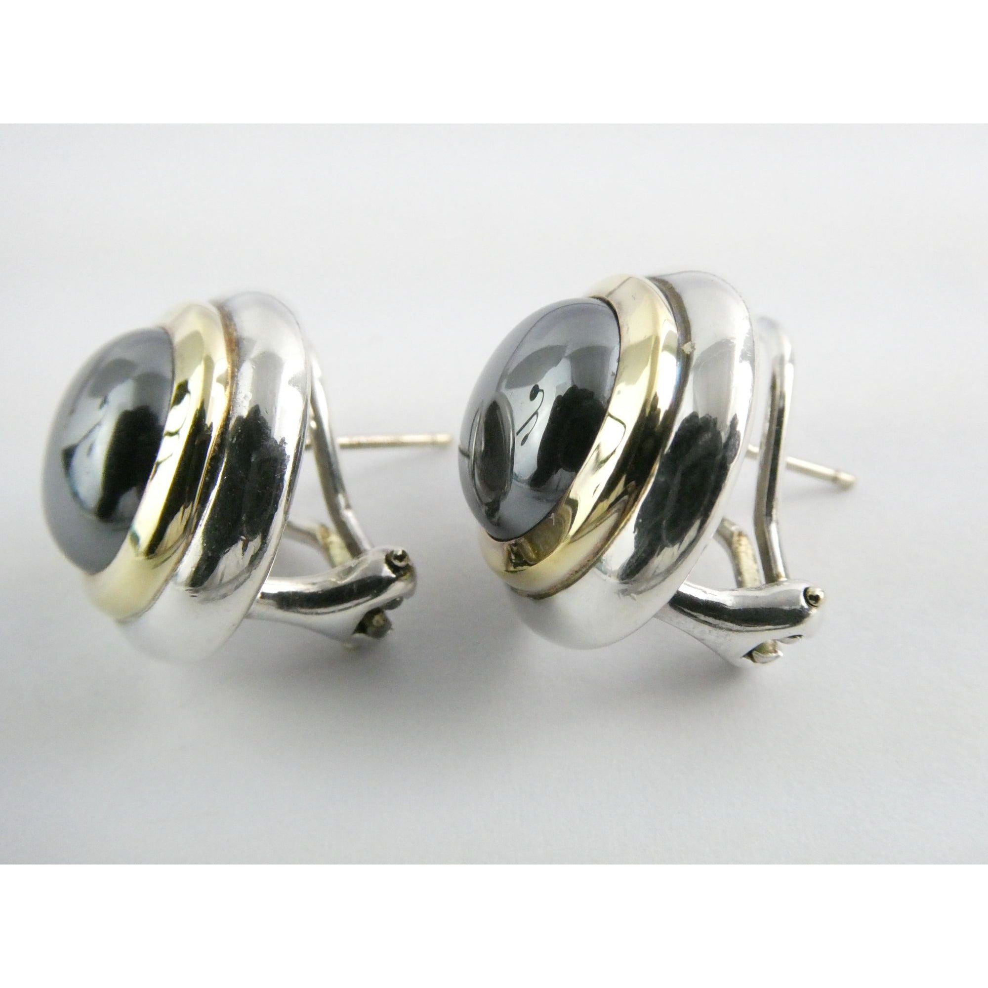 Tiffany and Co 18k Yellow Gold Sterling Silver Hematite Omega Back Earrings 16g