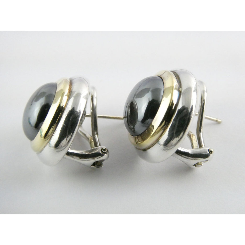Tiffany and Co 18k Yellow Gold Sterling Silver Hematite Omega Back Earrings 16g