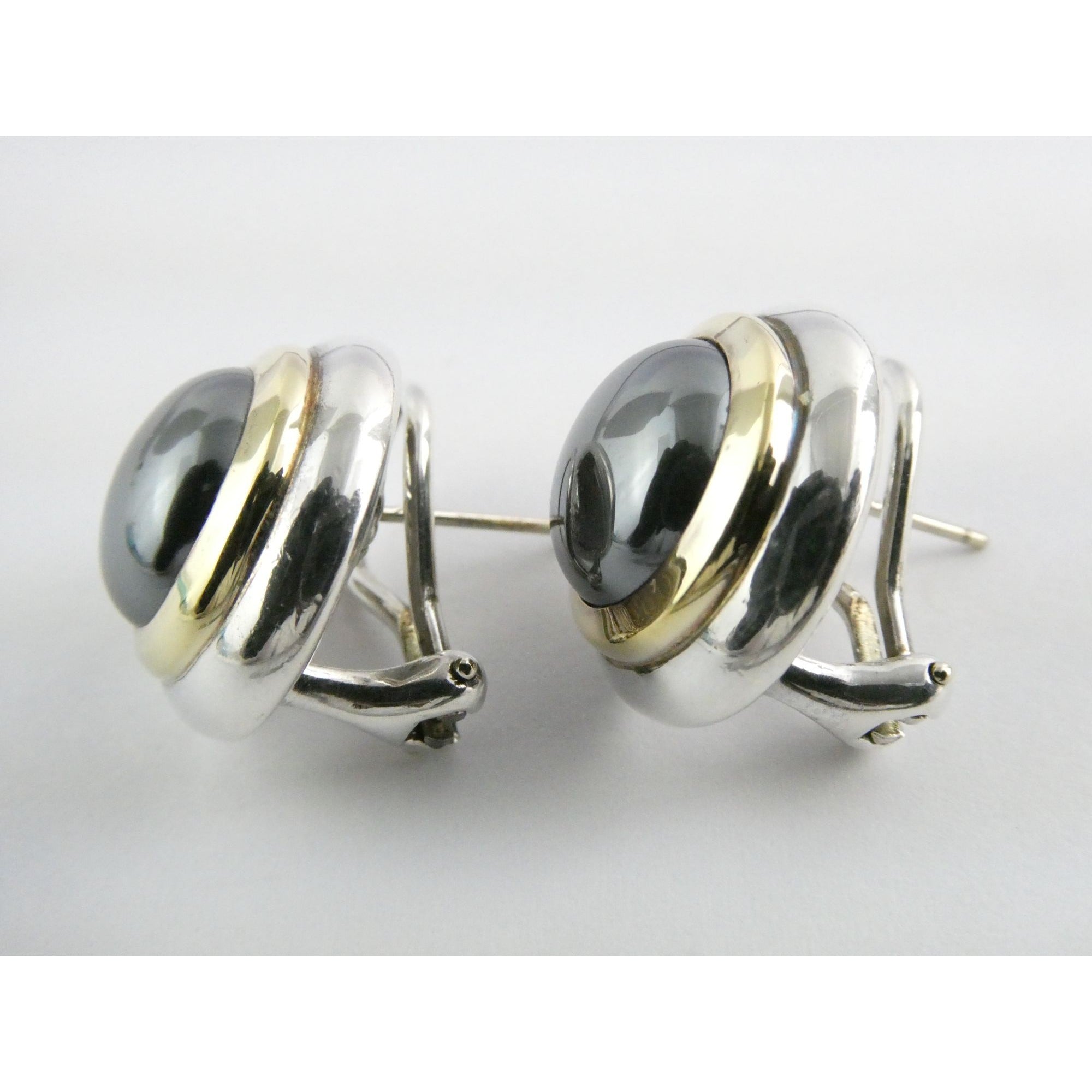 Tiffany and Co 18k Yellow Gold Sterling Silver Hematite Omega Back Earrings 16g
