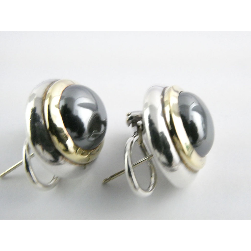 Tiffany and Co 18k Yellow Gold Sterling Silver Hematite Omega Back Earrings 16g