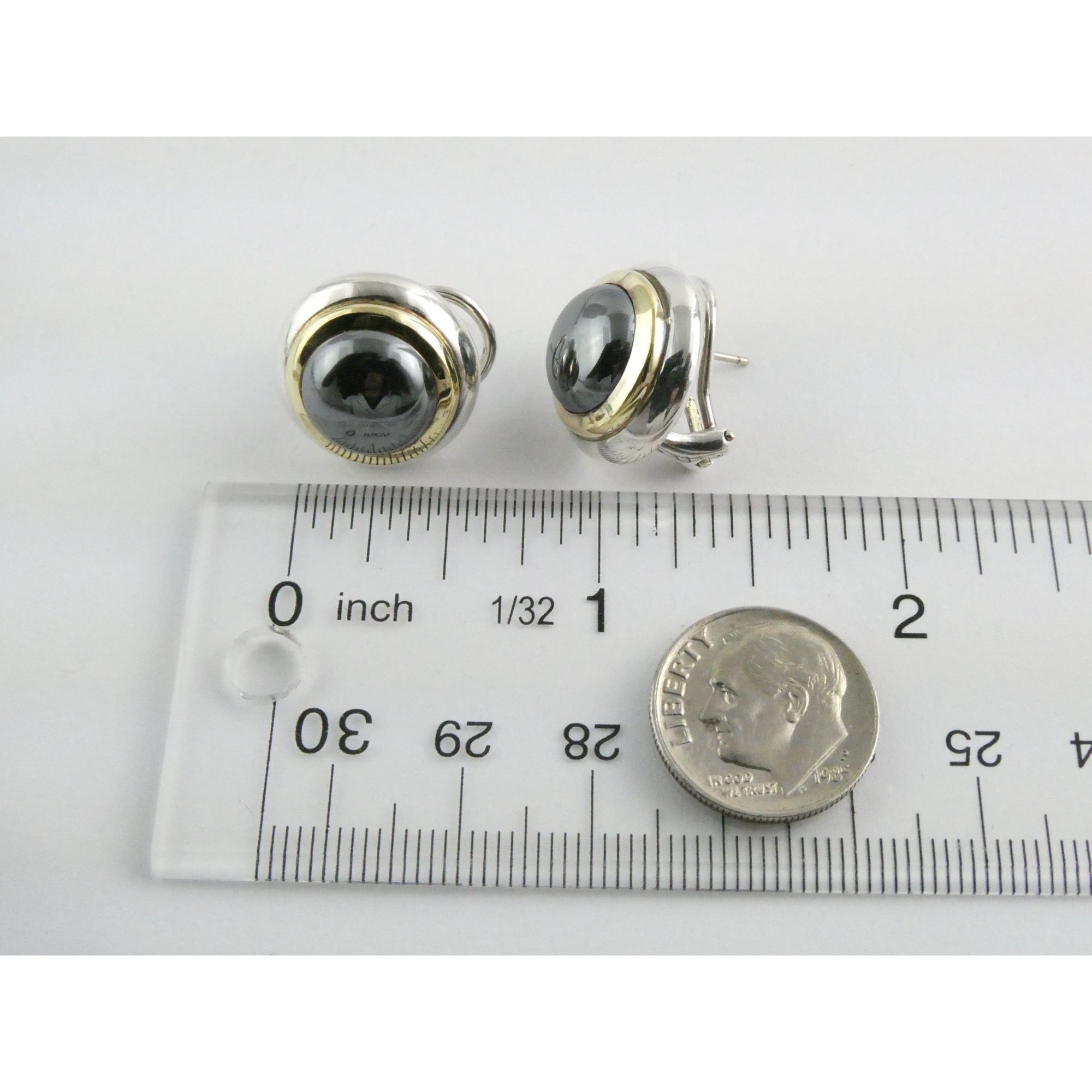 Tiffany and Co 18k Yellow Gold Sterling Silver Hematite Omega Back Earrings 16g