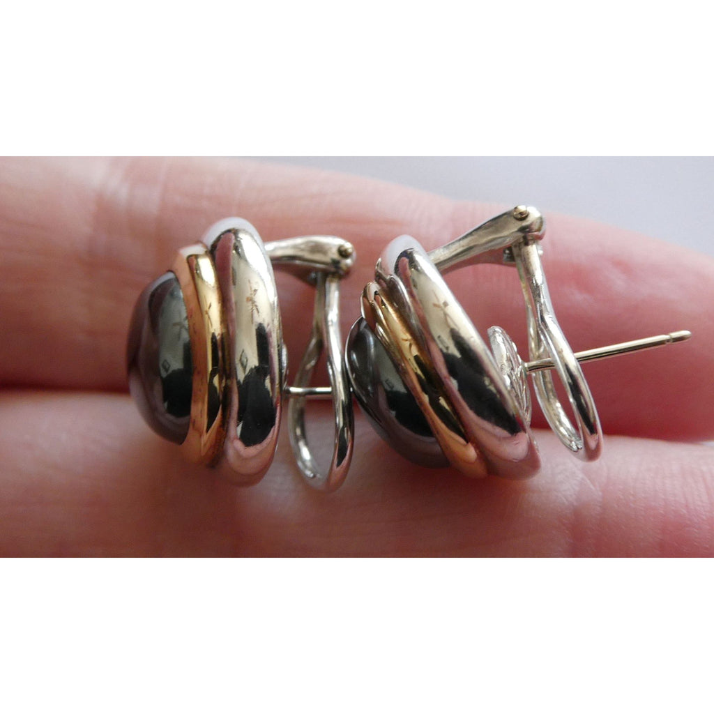 Tiffany and Co 18k Yellow Gold Sterling Silver Hematite Omega Back Earrings 16g