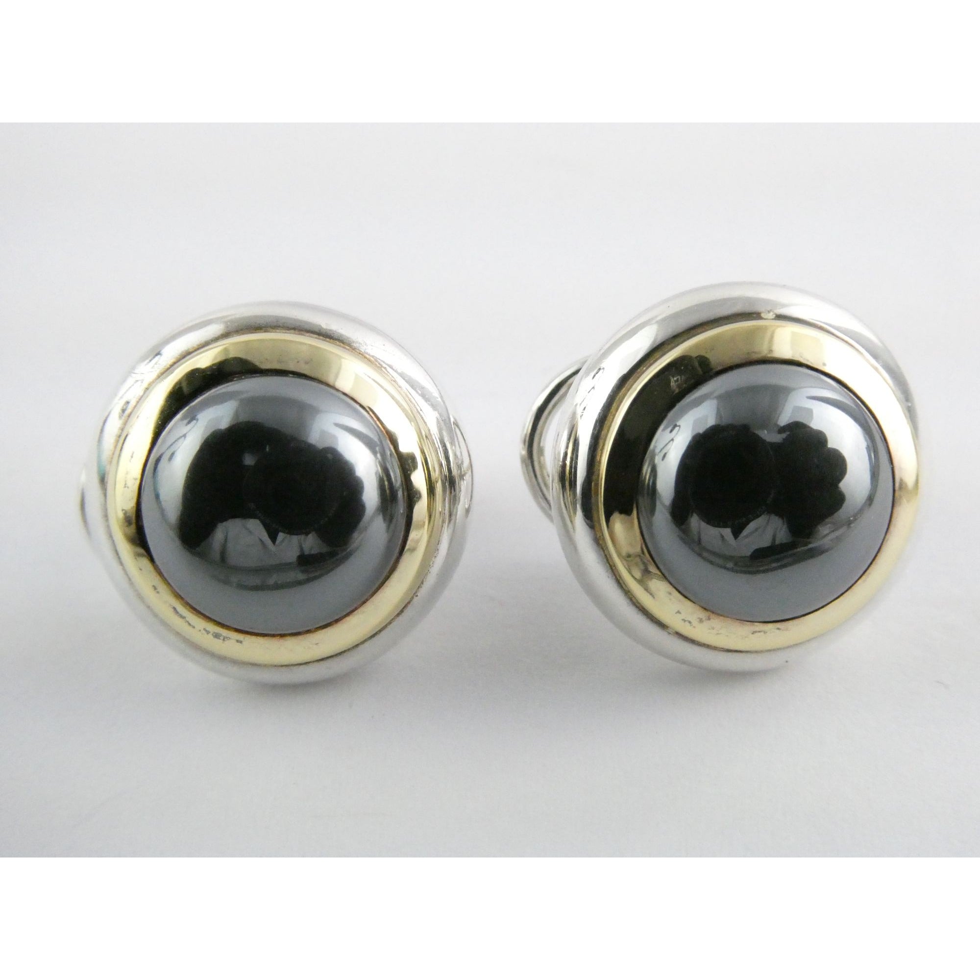 Tiffany and Co 18k Yellow Gold Sterling Silver Hematite Omega Back Earrings 16g
