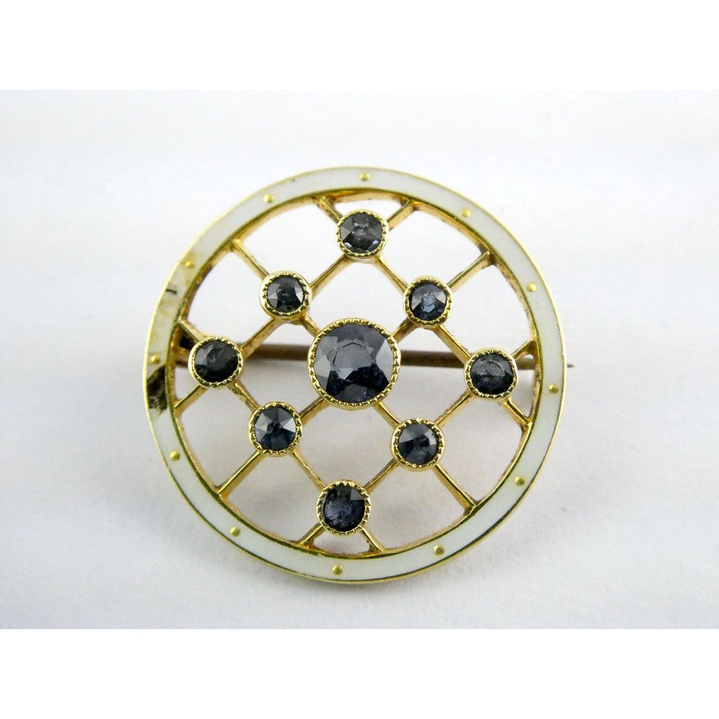 Antique Depose 14k Yellow Gold Brooch Pin White Guilloche Enamel Blue Sapphires