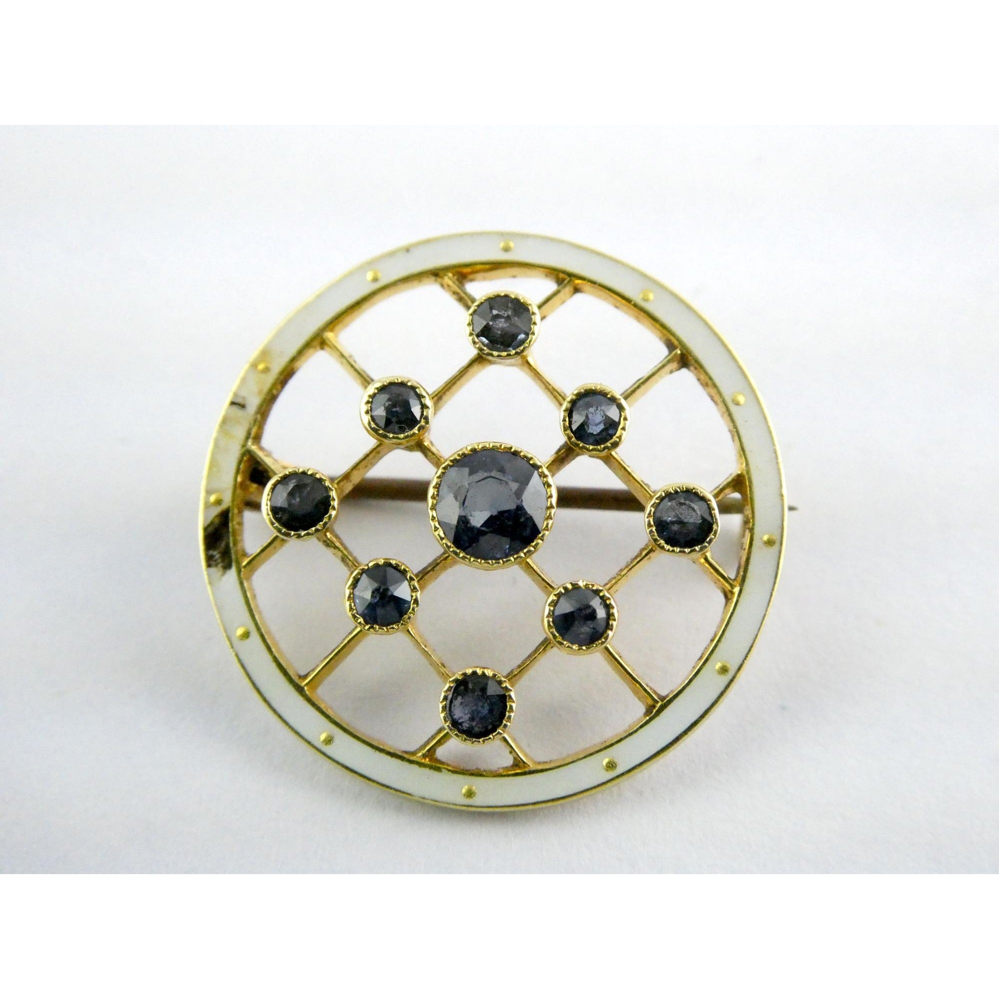 Antique Depose 14k Yellow Gold Brooch Pin White Guilloche Enamel Blue Sapphires