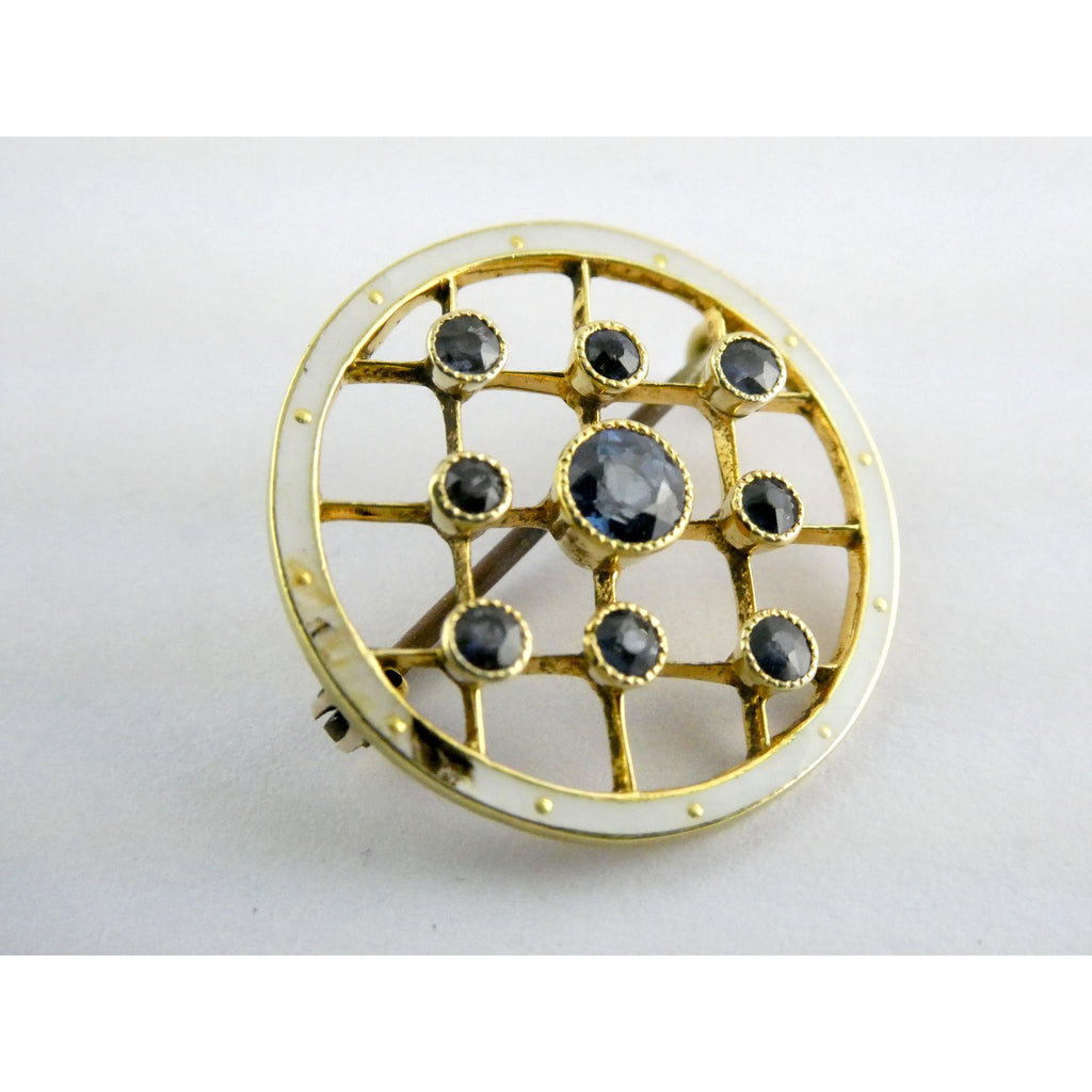 Antique Depose 14k Yellow Gold Brooch Pin White Guilloche Enamel Blue Sapphires
