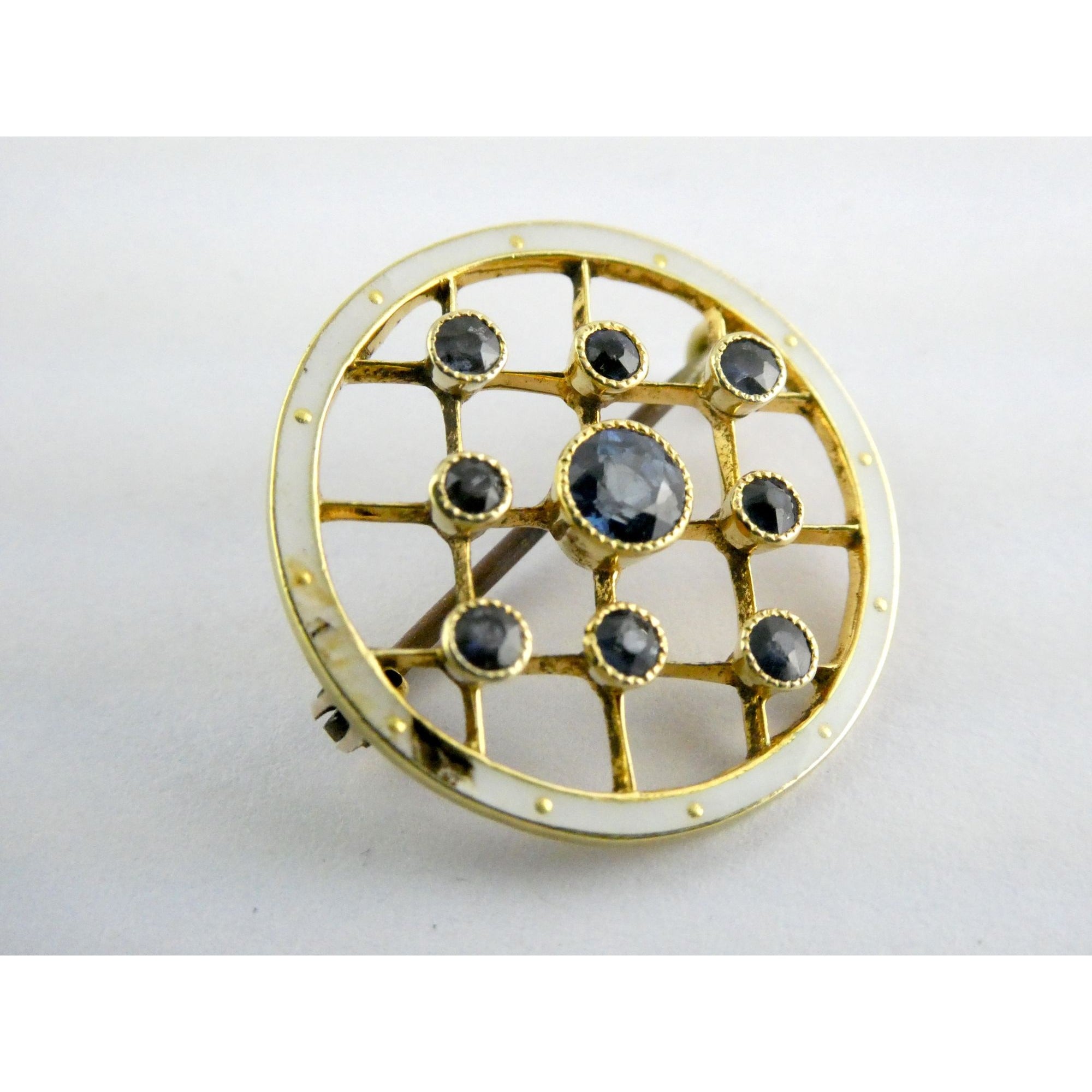 Antique Depose 14k Yellow Gold Brooch Pin White Guilloche Enamel Blue Sapphires
