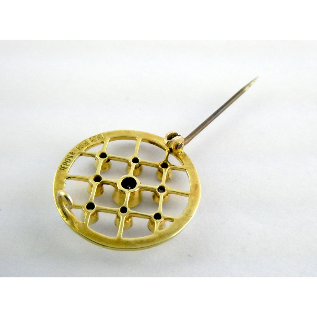 Antique Depose 14k Yellow Gold Brooch Pin White Guilloche Enamel Blue Sapphires