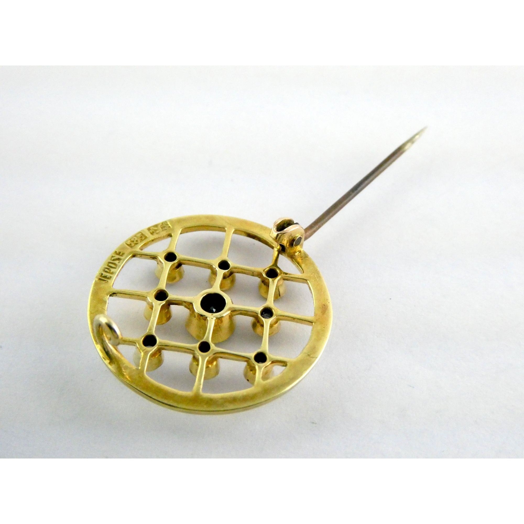 Antique Depose 14k Yellow Gold Brooch Pin White Guilloche Enamel Blue Sapphires