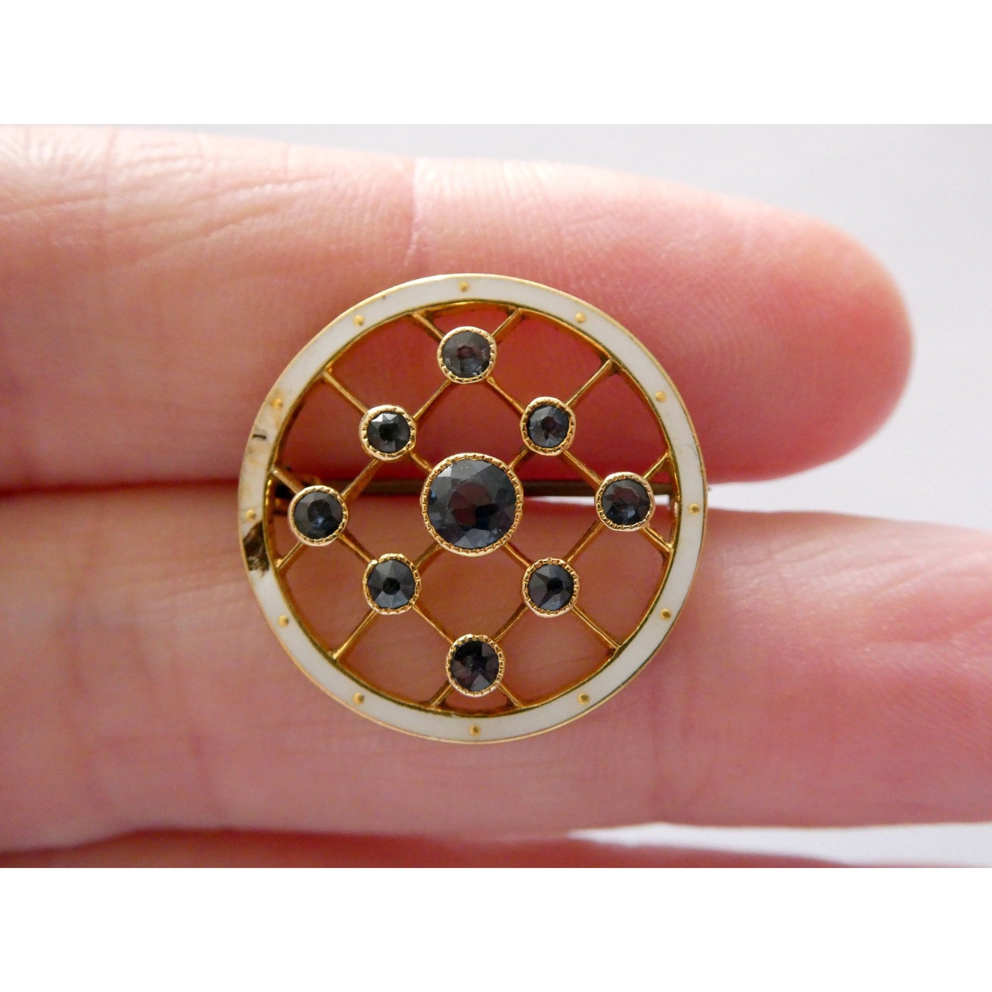 Antique Depose 14k Yellow Gold Brooch Pin White Guilloche Enamel Blue Sapphires