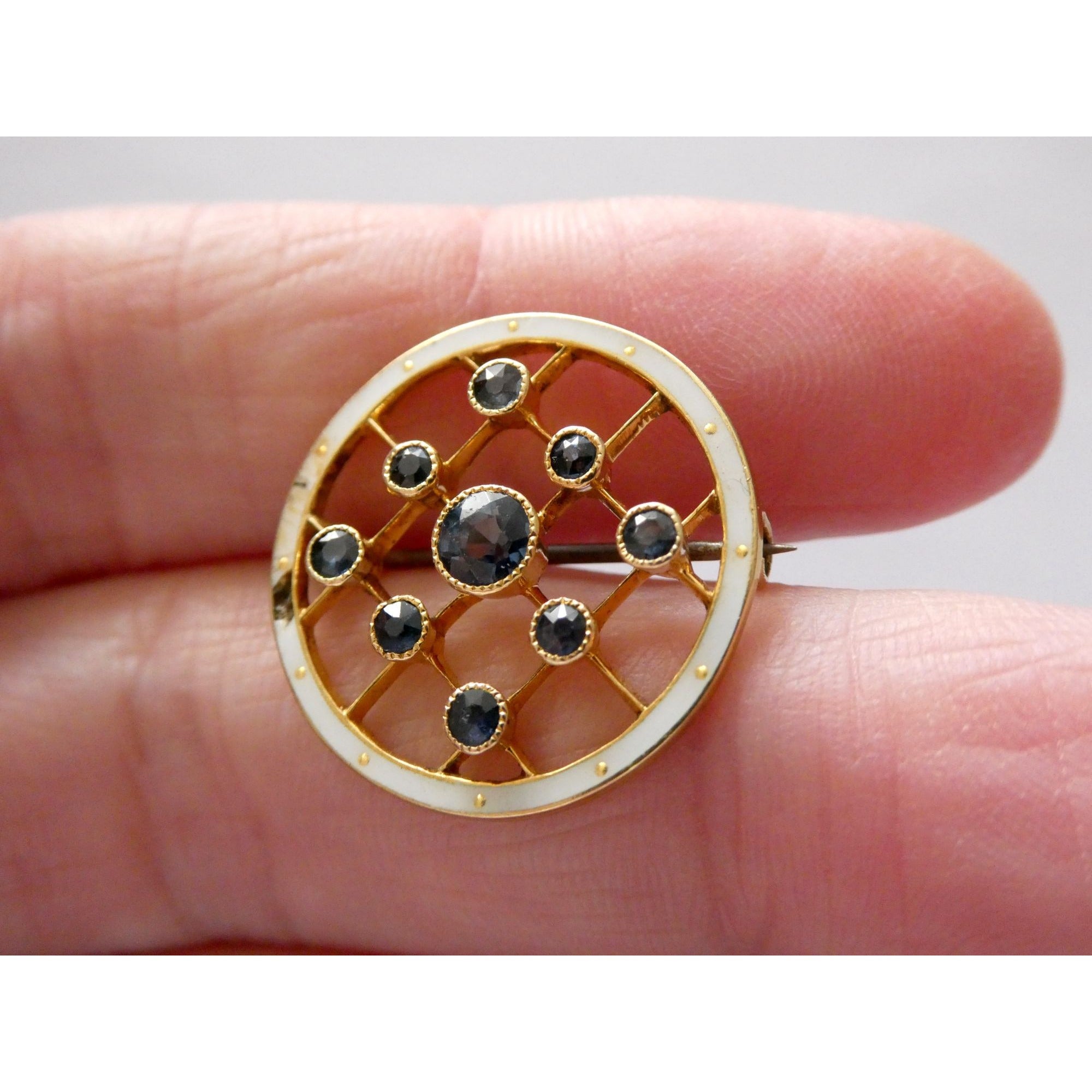 Antique Depose 14k Yellow Gold Brooch Pin White Guilloche Enamel Blue Sapphires