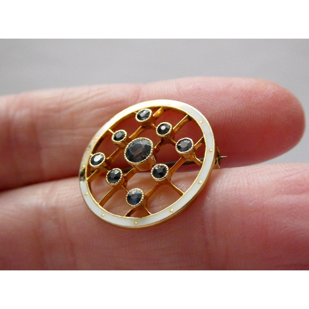 Antique Depose 14k Yellow Gold Brooch Pin White Guilloche Enamel Blue Sapphires