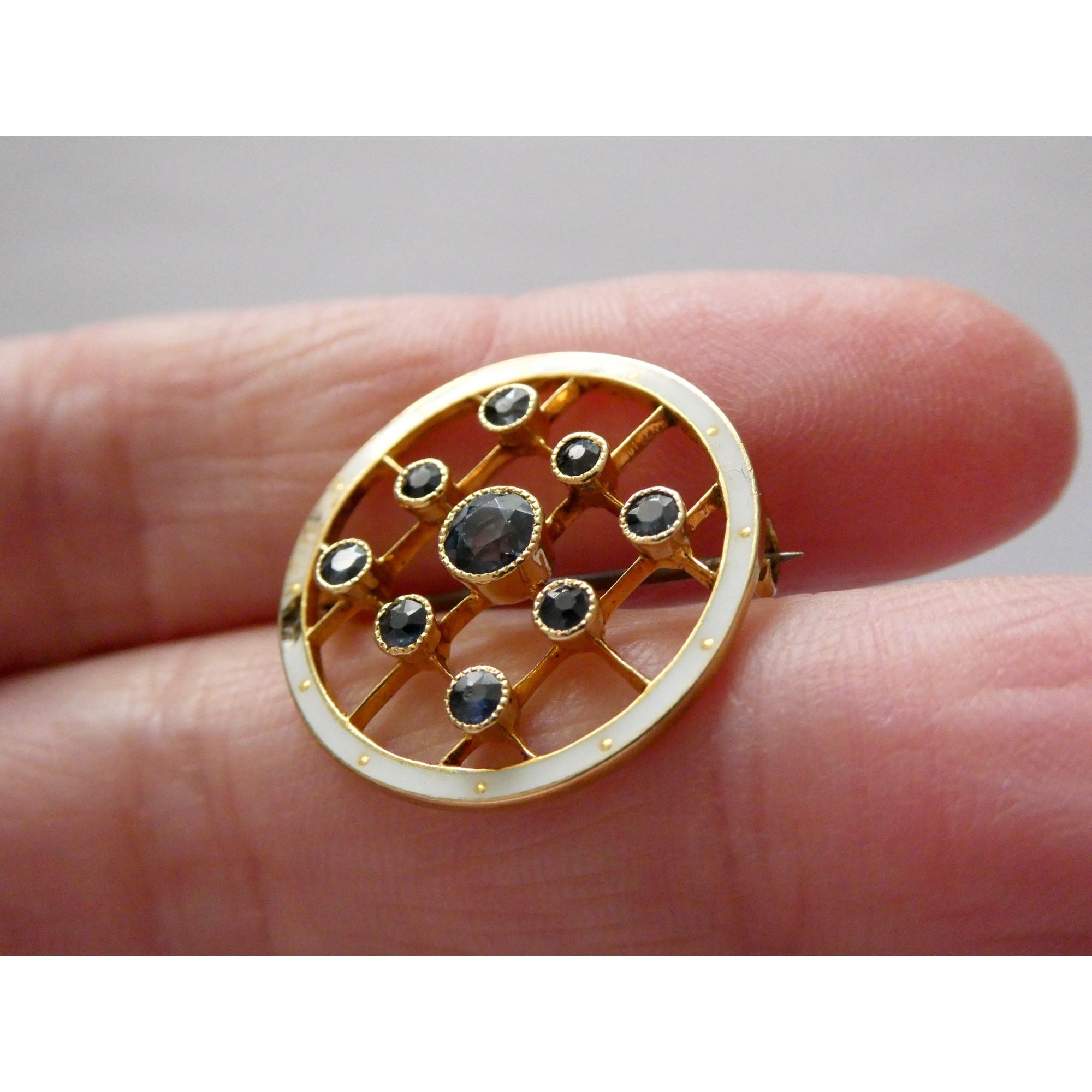Antique Depose 14k Yellow Gold Brooch Pin White Guilloche Enamel Blue Sapphires