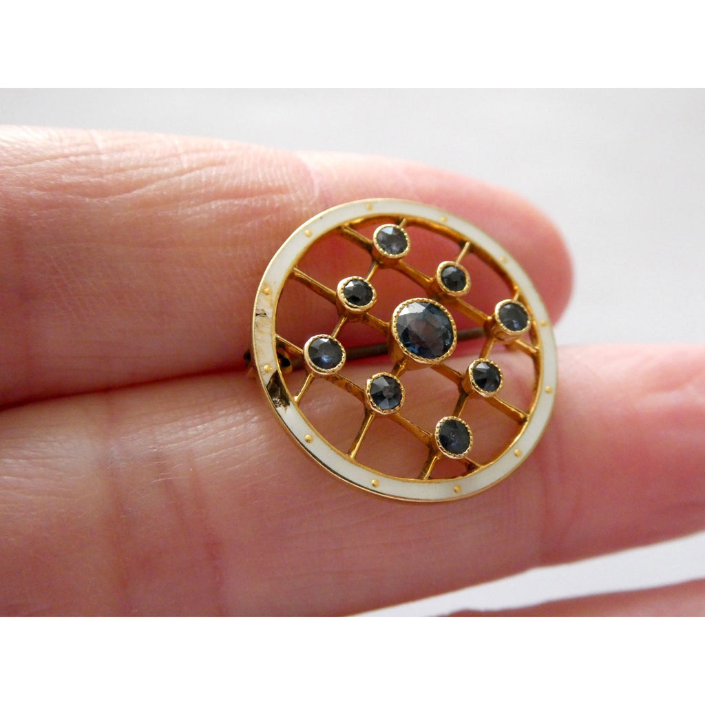 Antique Depose 14k Yellow Gold Brooch Pin White Guilloche Enamel Blue Sapphires