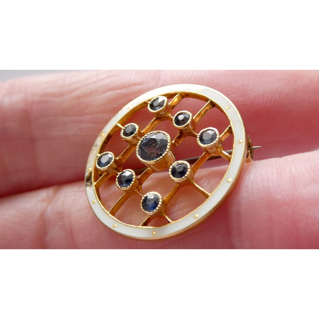 Antique Depose 14k Yellow Gold Brooch Pin White Guilloche Enamel Blue Sapphires