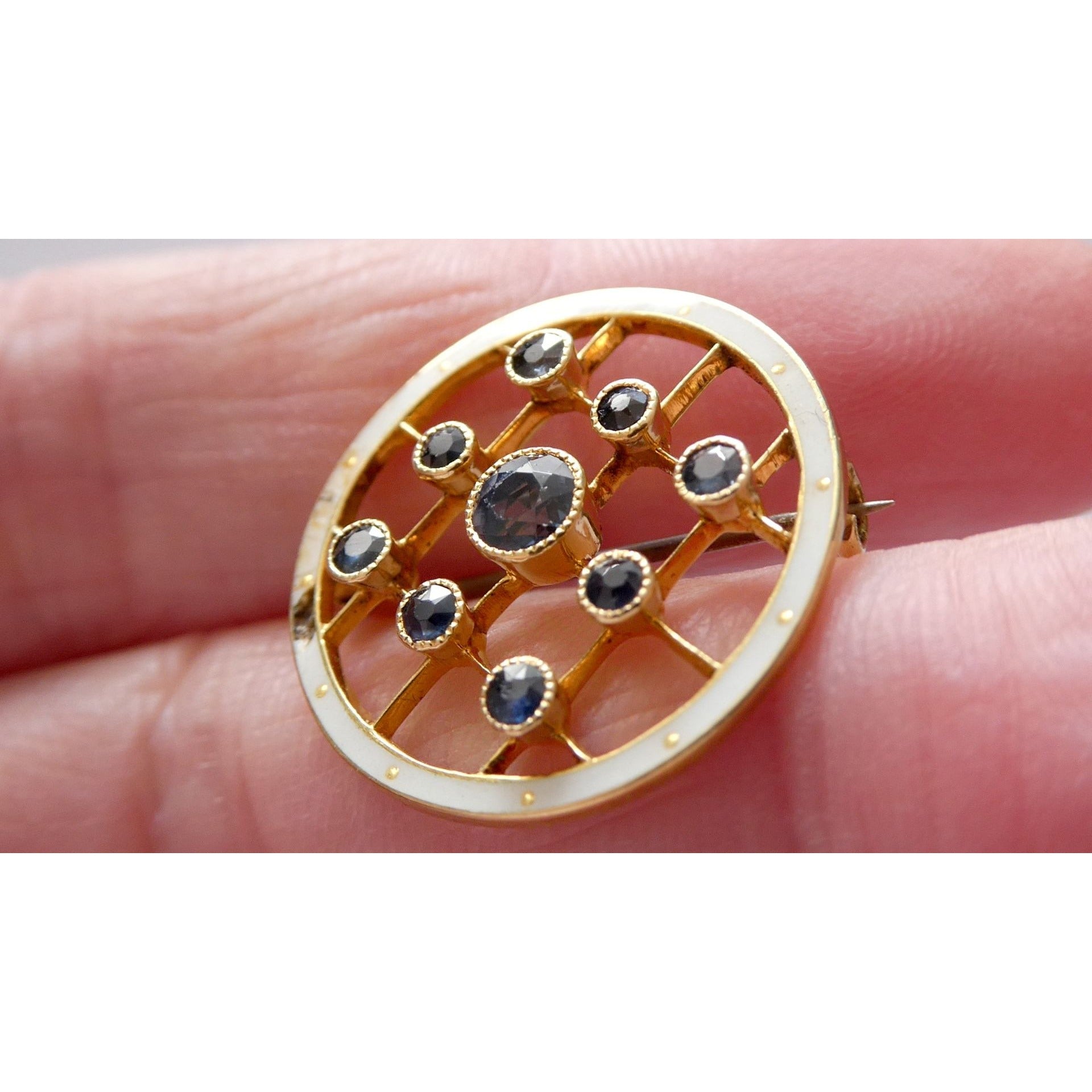Antique Depose 14k Yellow Gold Brooch Pin White Guilloche Enamel Blue Sapphires
