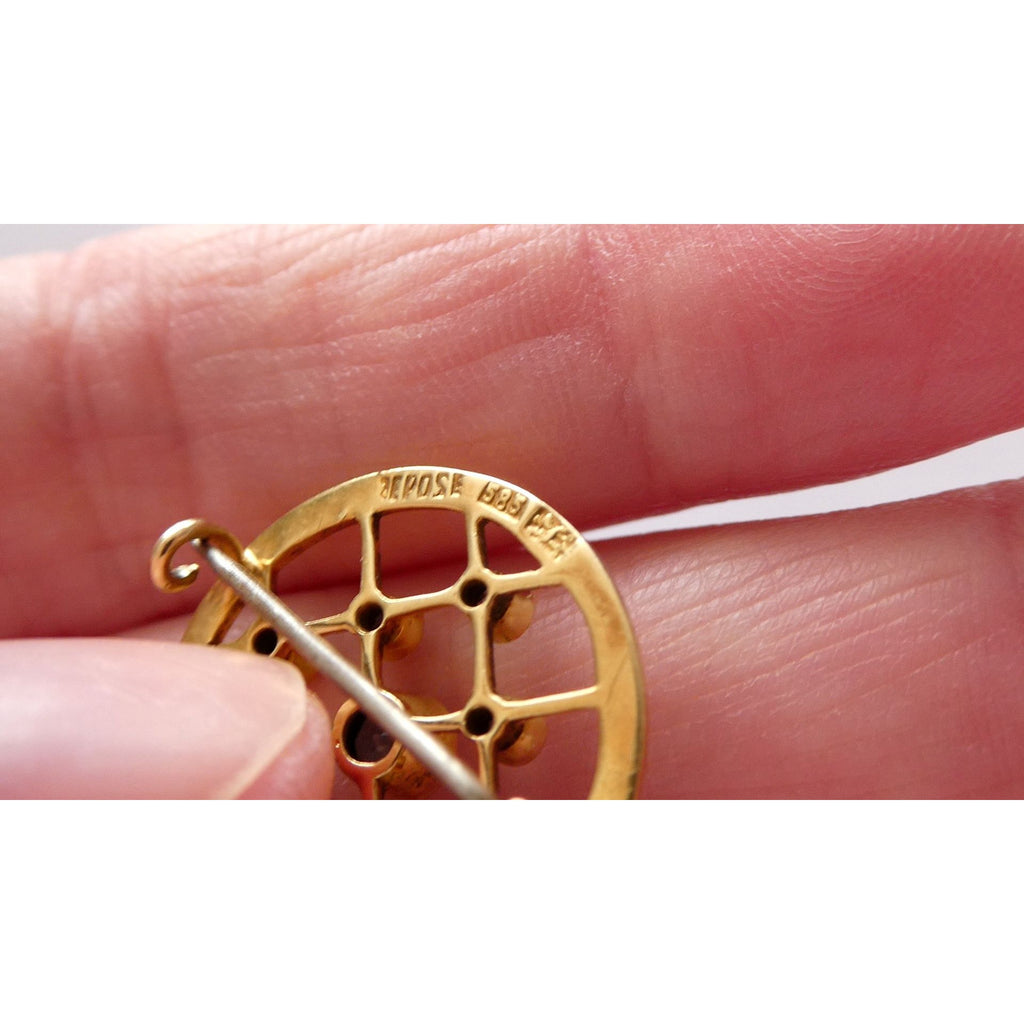 Antique Depose 14k Yellow Gold Brooch Pin White Guilloche Enamel Blue Sapphires