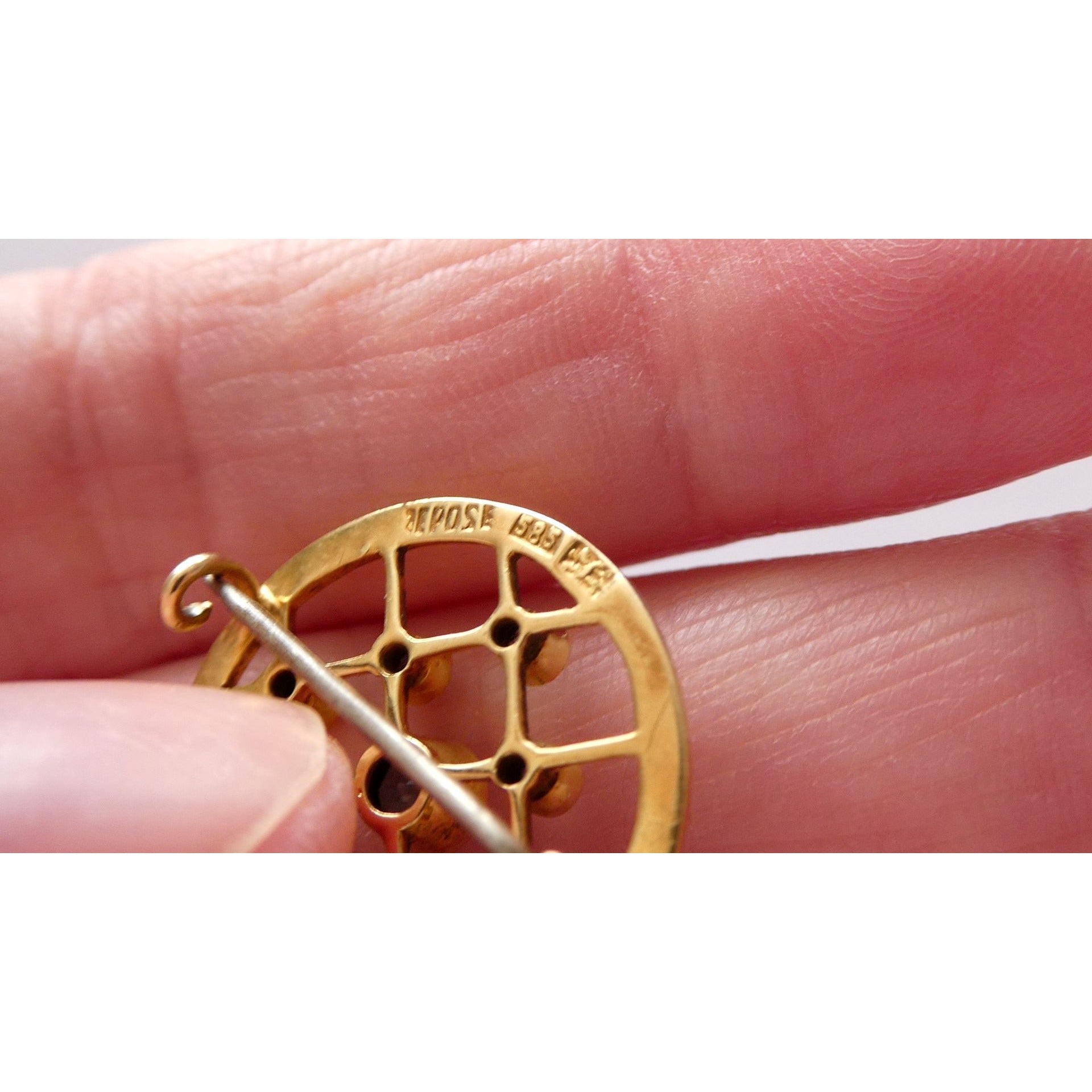 Antique Depose 14k Yellow Gold Brooch Pin White Guilloche Enamel Blue Sapphires