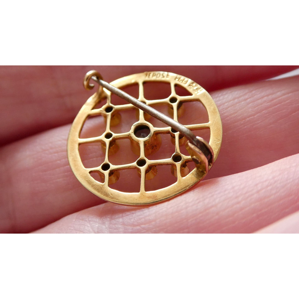 Antique Depose 14k Yellow Gold Brooch Pin White Guilloche Enamel Blue Sapphires