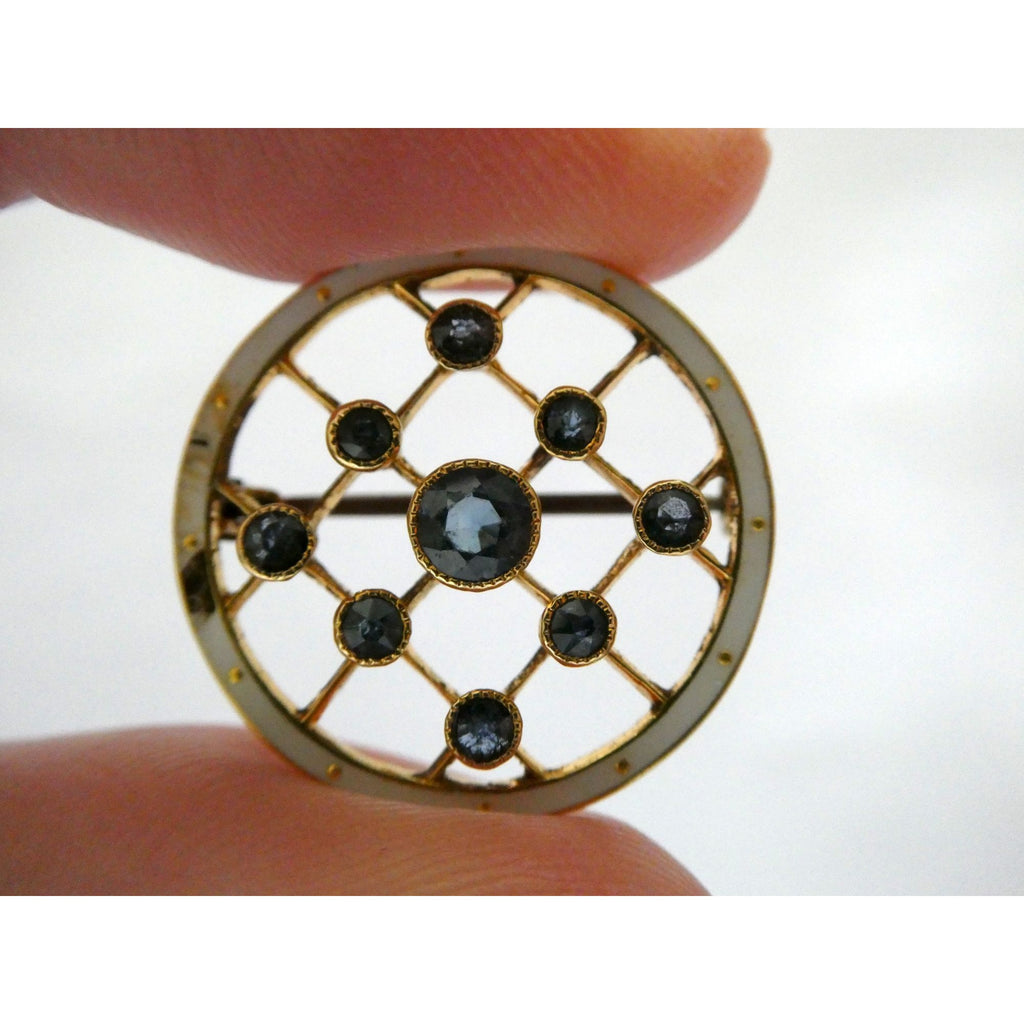 Antique Depose 14k Yellow Gold Brooch Pin White Guilloche Enamel Blue Sapphires