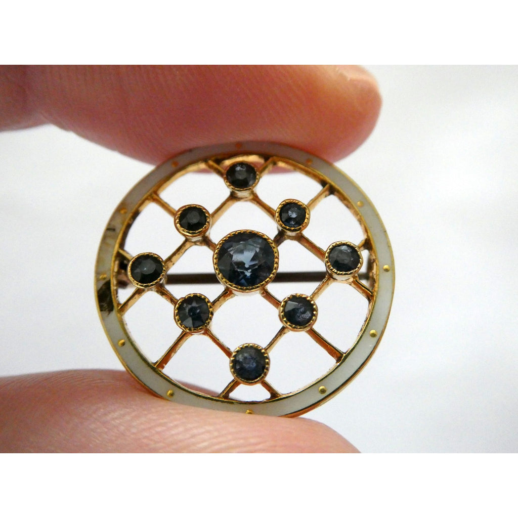 Antique Depose 14k Yellow Gold Brooch Pin White Guilloche Enamel Blue Sapphires