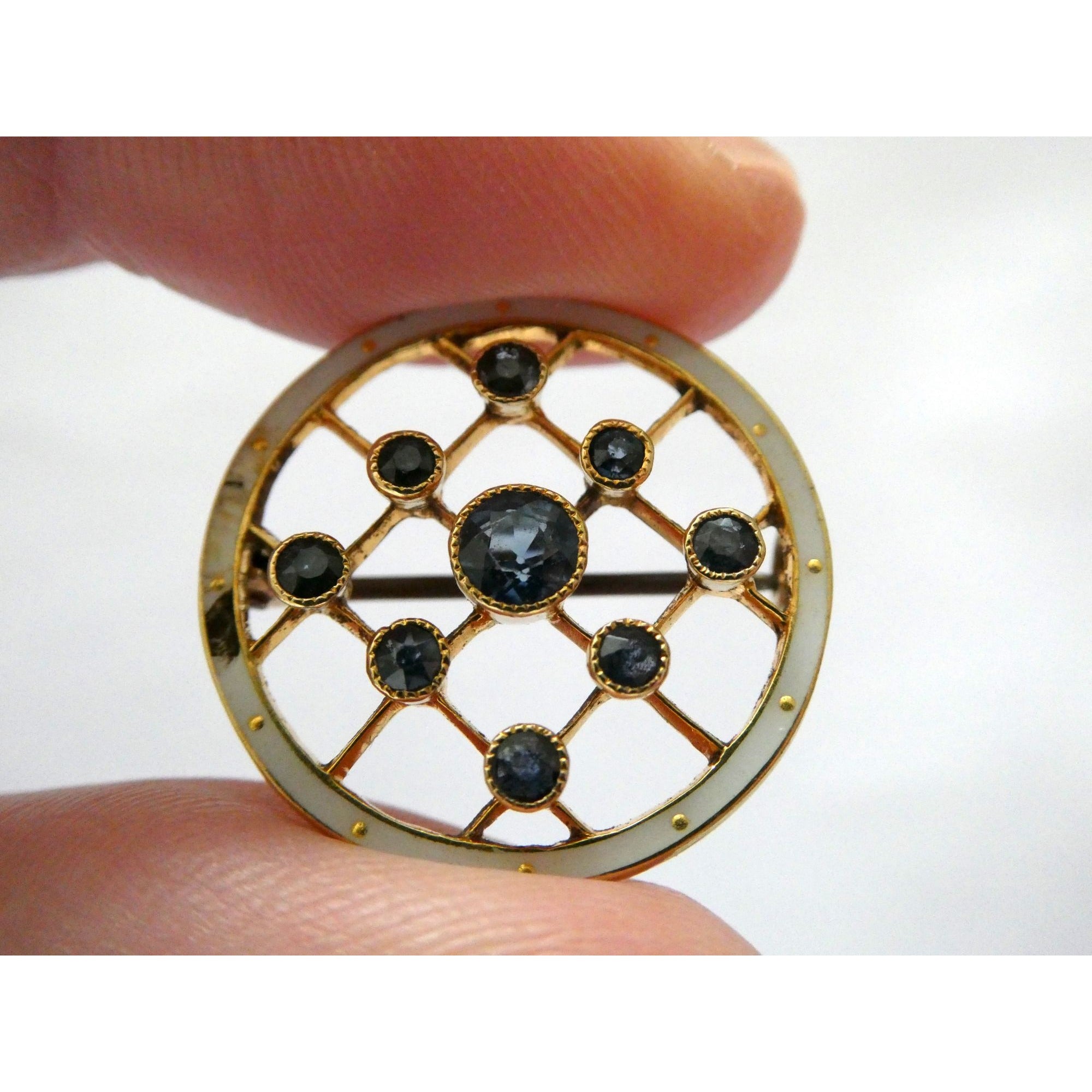 Antique Depose 14k Yellow Gold Brooch Pin White Guilloche Enamel Blue Sapphires
