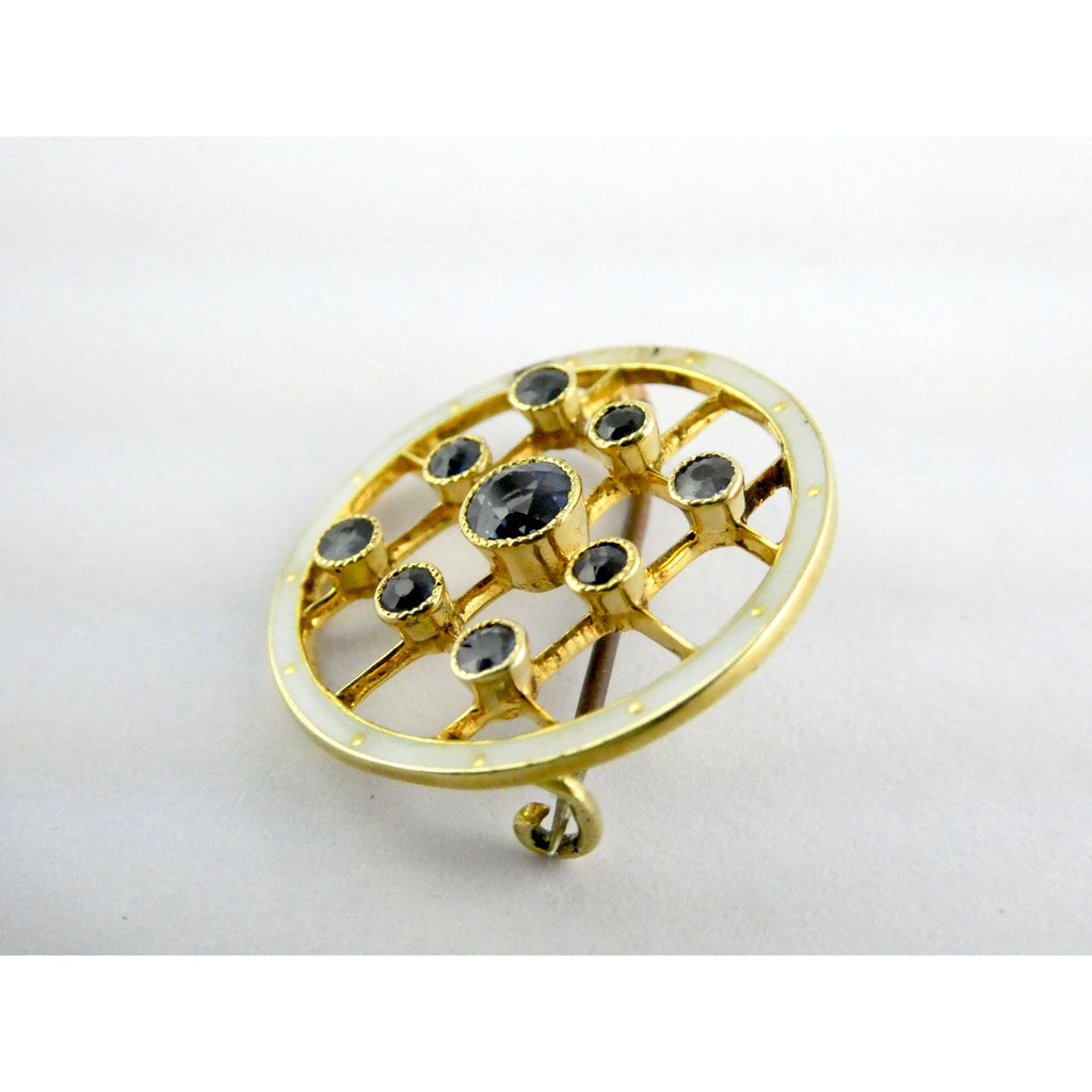 Antique Depose 14k Yellow Gold Brooch Pin White Guilloche Enamel Blue Sapphires