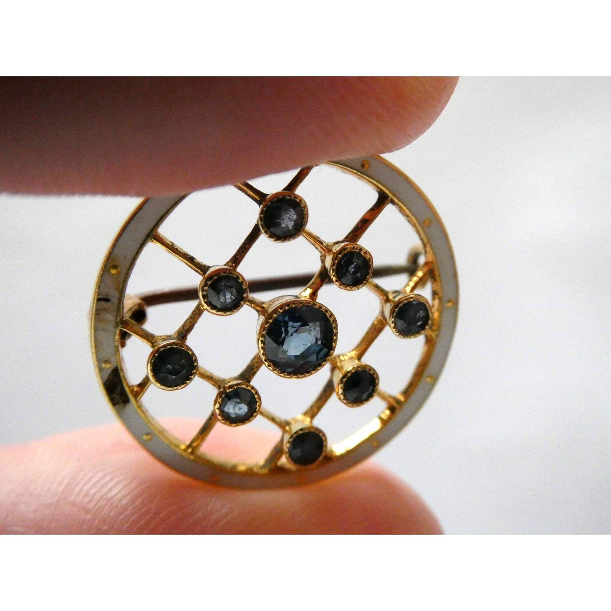 Antique Depose 14k Yellow Gold Brooch Pin White Guilloche Enamel Blue Sapphires