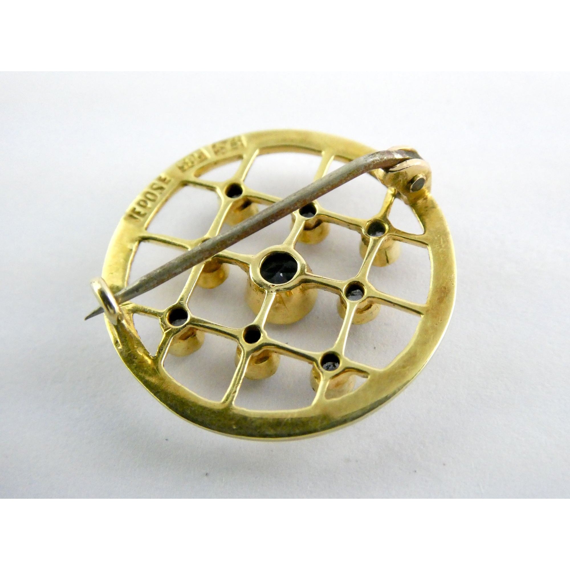 Antique Depose 14k Yellow Gold Brooch Pin White Guilloche Enamel Blue Sapphires