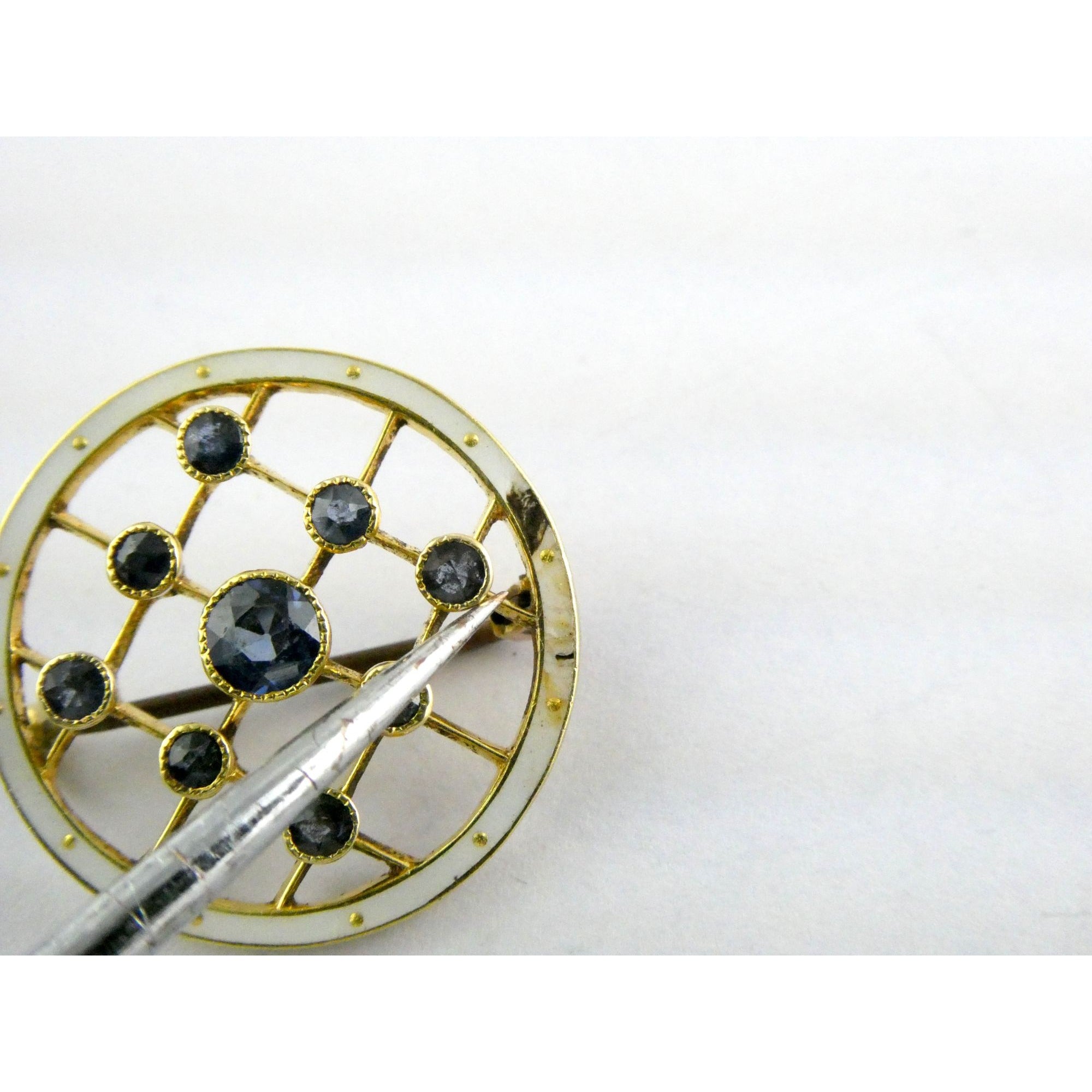Antique Depose 14k Yellow Gold Brooch Pin White Guilloche Enamel Blue Sapphires
