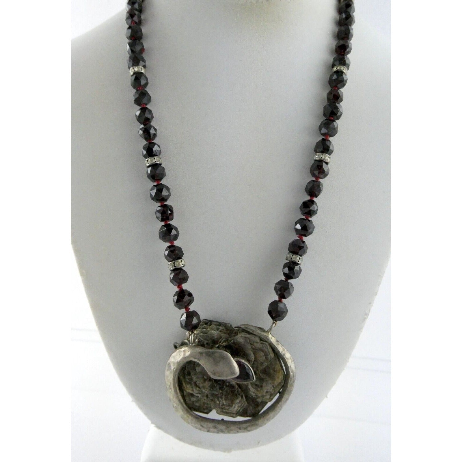Artisan Sterling Silver Lepidolite Mica Snake and Garnet Beaded Pendant Necklace