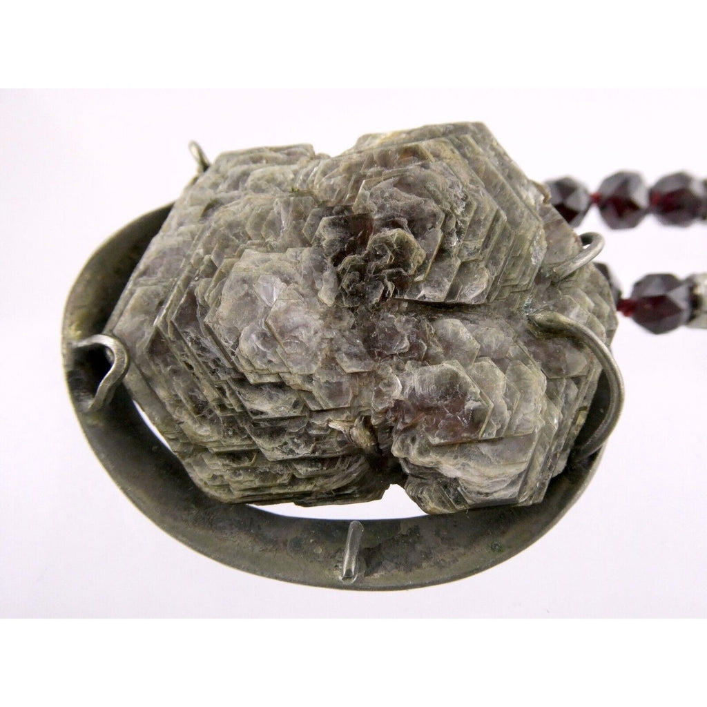 Artisan Sterling Silver Lepidolite Mica Snake and Garnet Beaded Pendant Necklace
