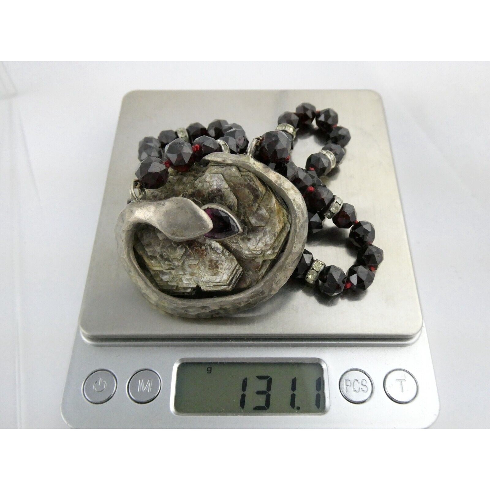 Artisan Sterling Silver Lepidolite Mica Snake and Garnet Beaded Pendant Necklace