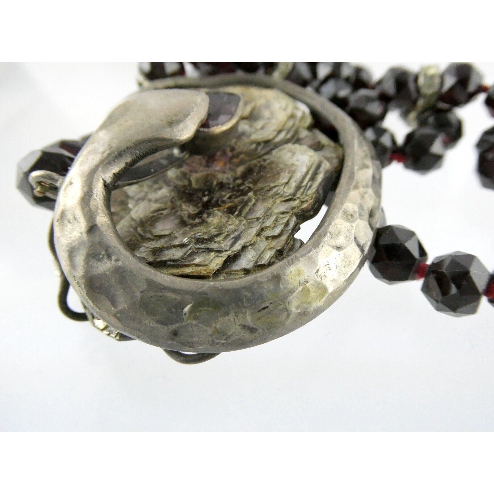Artisan Sterling Silver Lepidolite Mica Snake and Garnet Beaded Pendant Necklace