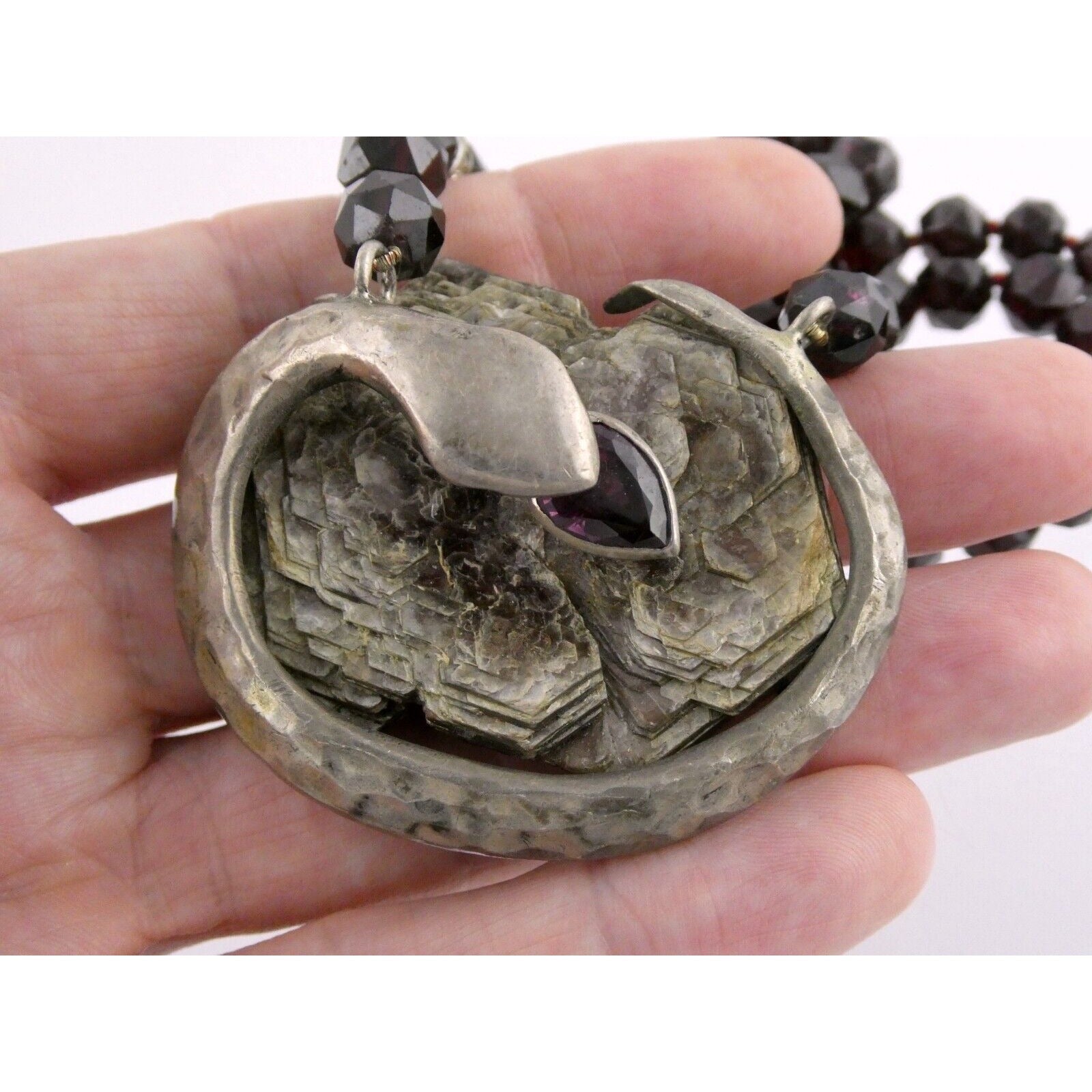 Artisan Sterling Silver Lepidolite Mica Snake and Garnet Beaded Pendant Necklace