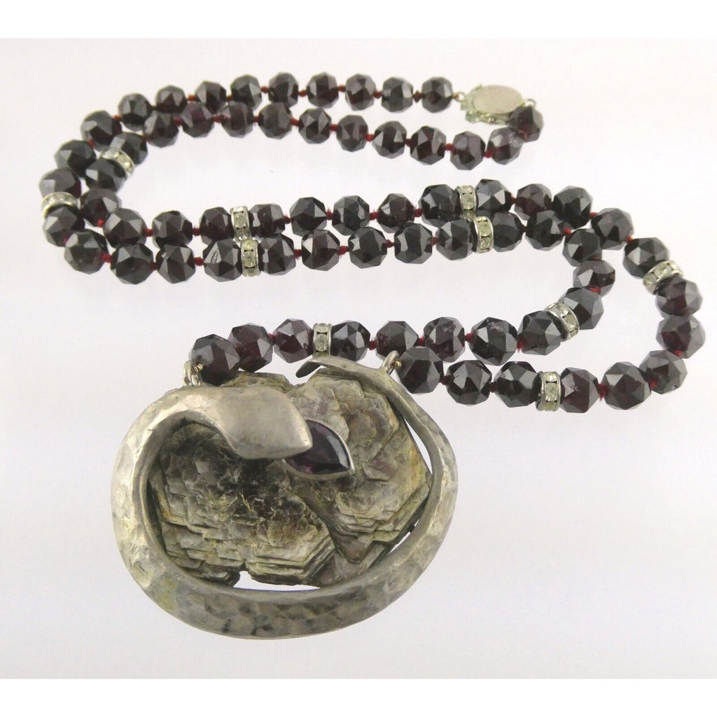 Artisan Sterling Silver Lepidolite Mica Snake and Garnet Beaded Pendant Necklace