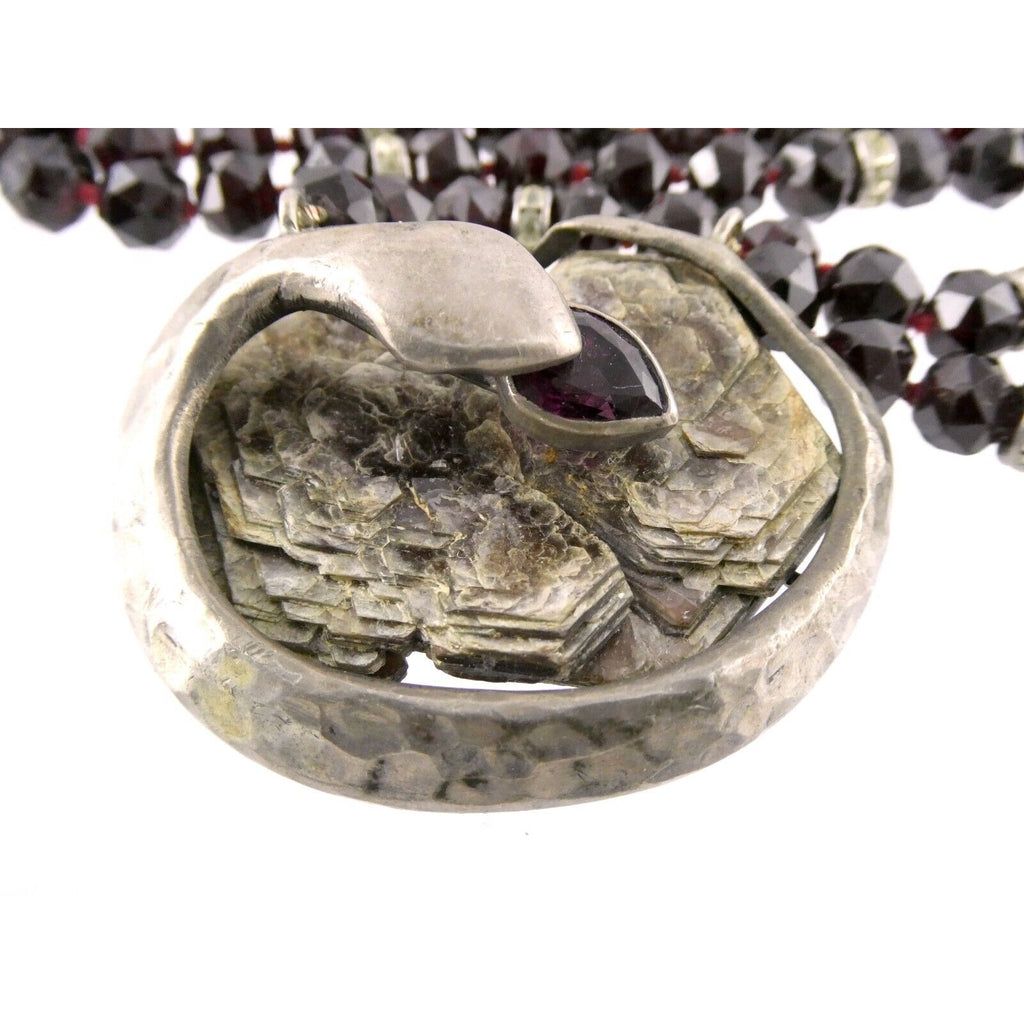 Artisan Sterling Silver Lepidolite Mica Snake and Garnet Beaded Pendant Necklace