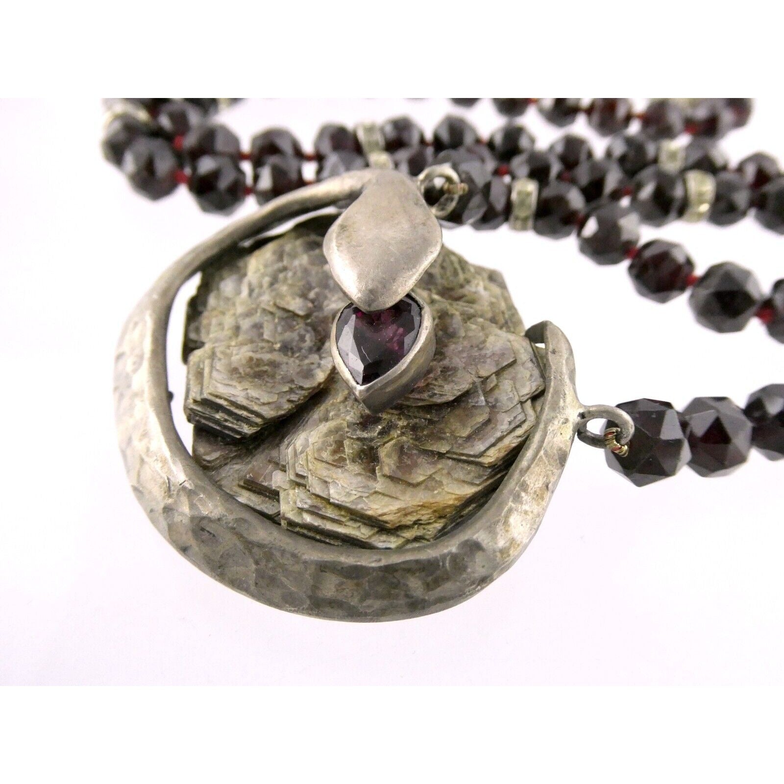 Artisan Sterling Silver Lepidolite Mica Snake and Garnet Beaded Pendant Necklace
