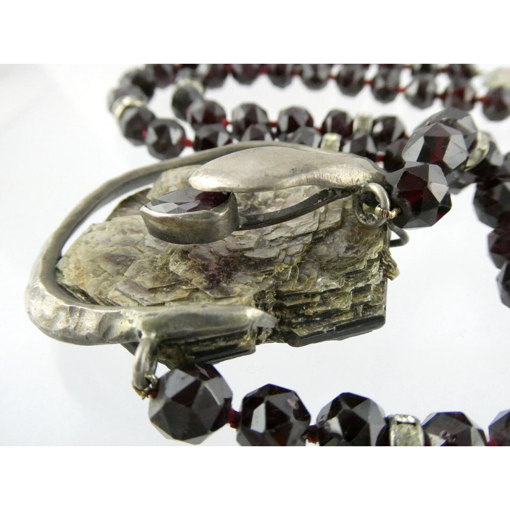 Artisan Sterling Silver Lepidolite Mica Snake and Garnet Beaded Pendant Necklace