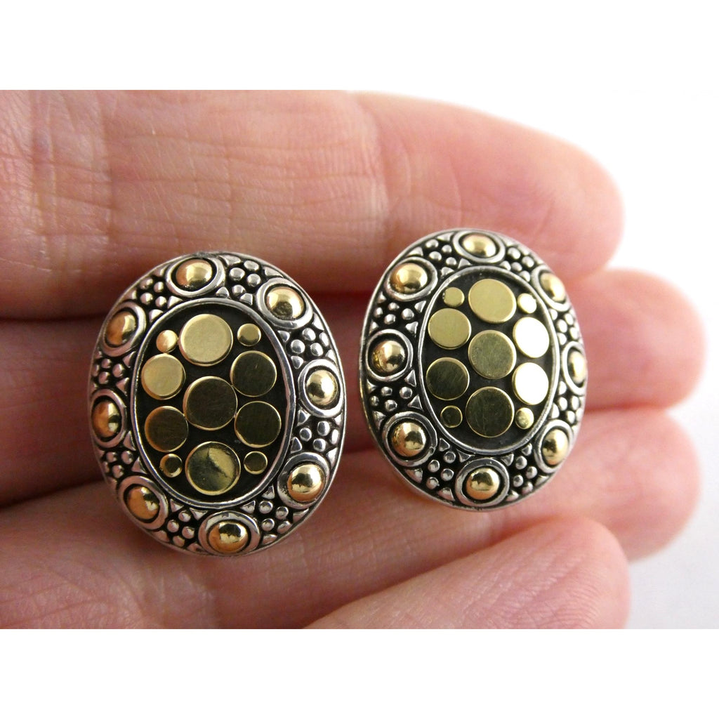 John Hardy Jaisalmer Sterling Silver 18K Gold Dot Oval Huggie Earrings 16g 21mm