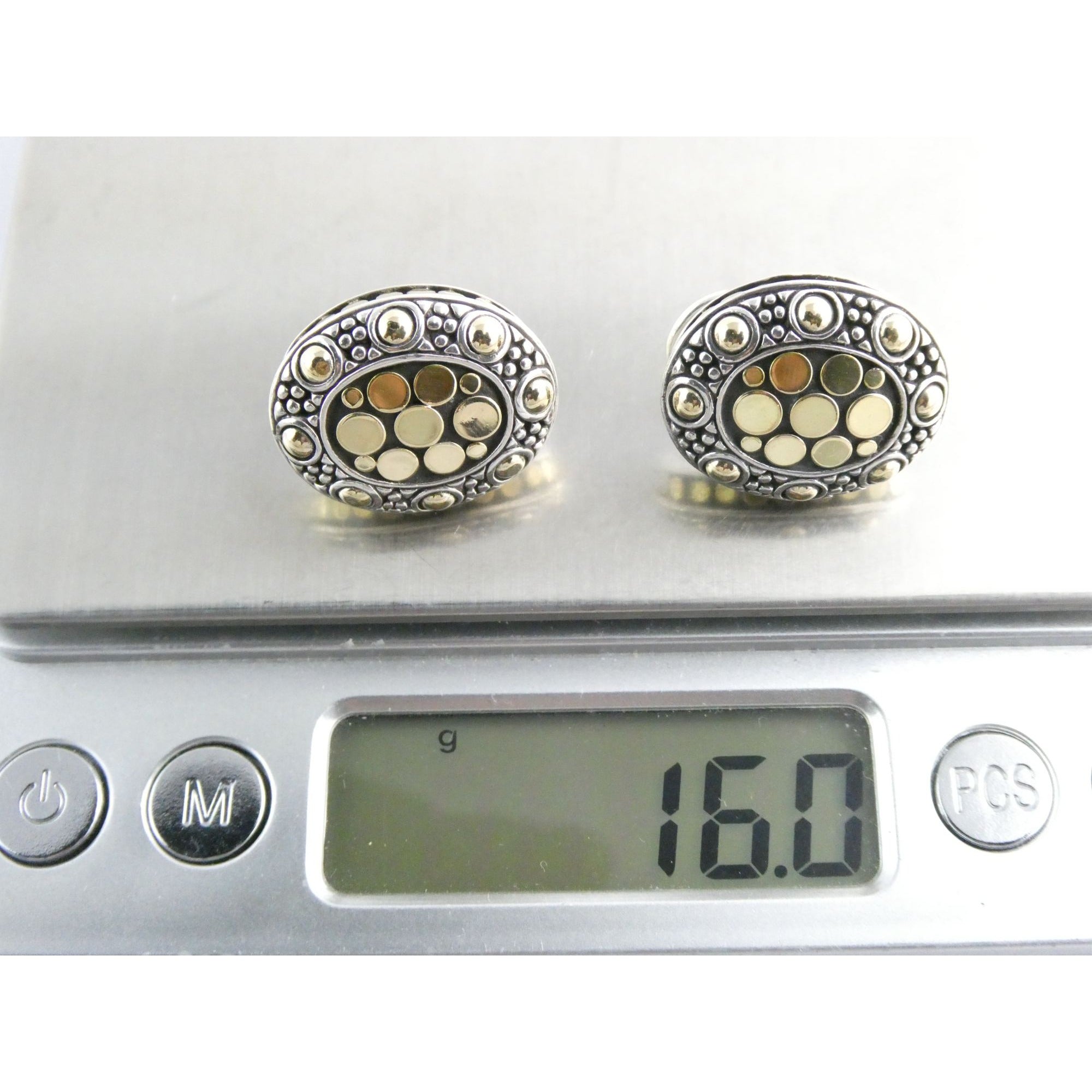 John Hardy Jaisalmer Sterling Silver 18K Gold Dot Oval Huggie Earrings 16g 21mm