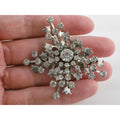 Vintage Silver Tone Metal Flowers and White Rhinestone Brooch Pin 13g 56mm Long