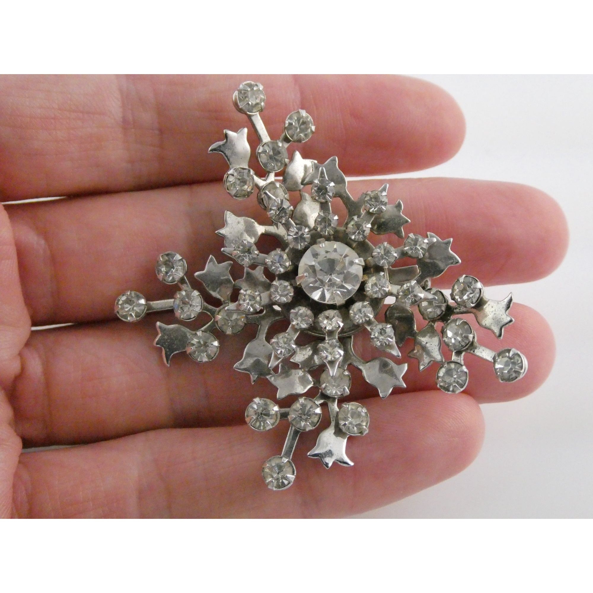 Vintage Silver Tone Metal Flowers and White Rhinestone Brooch Pin 13g 56mm Long