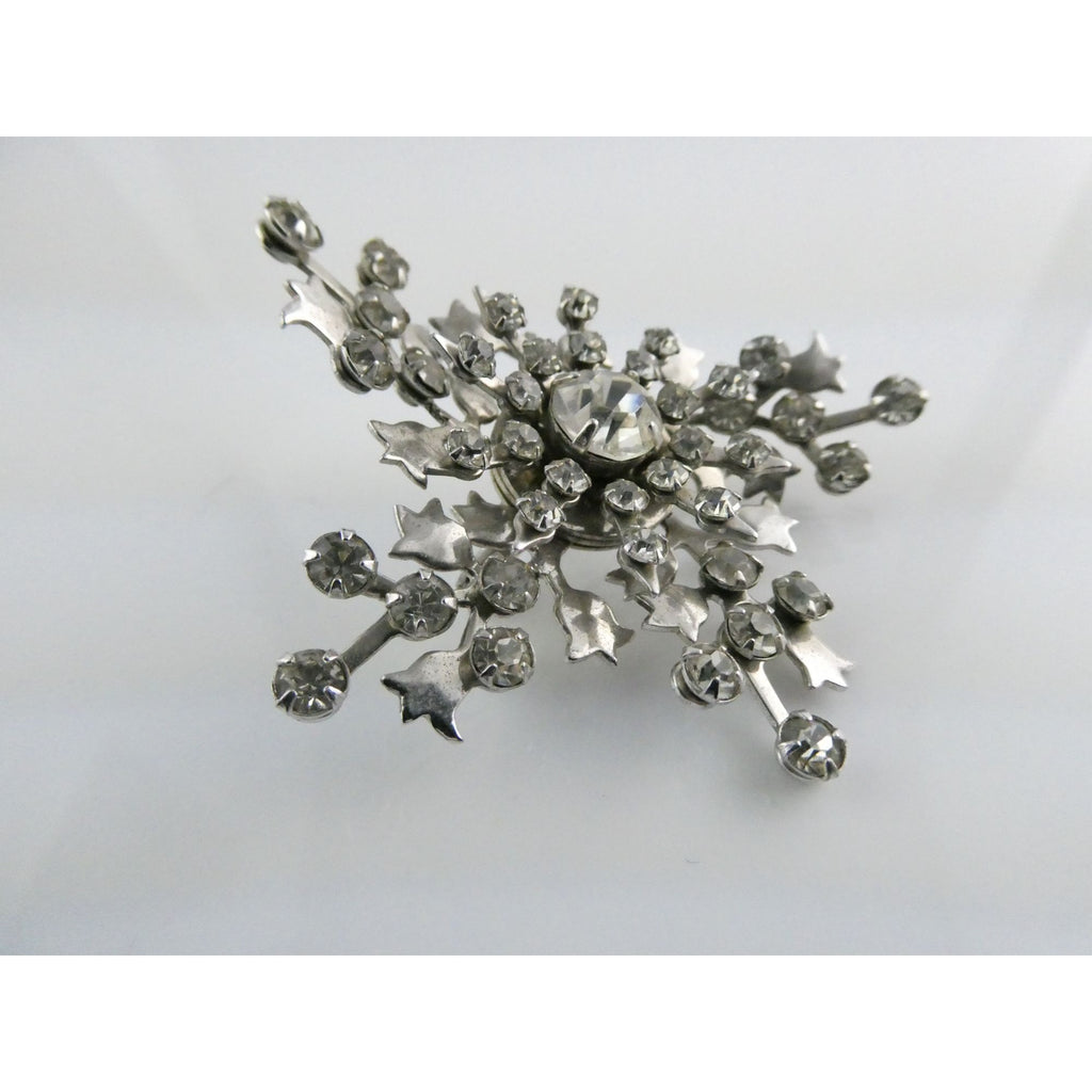 Vintage Silver Tone Metal Flowers and White Rhinestone Brooch Pin 13g 56mm Long