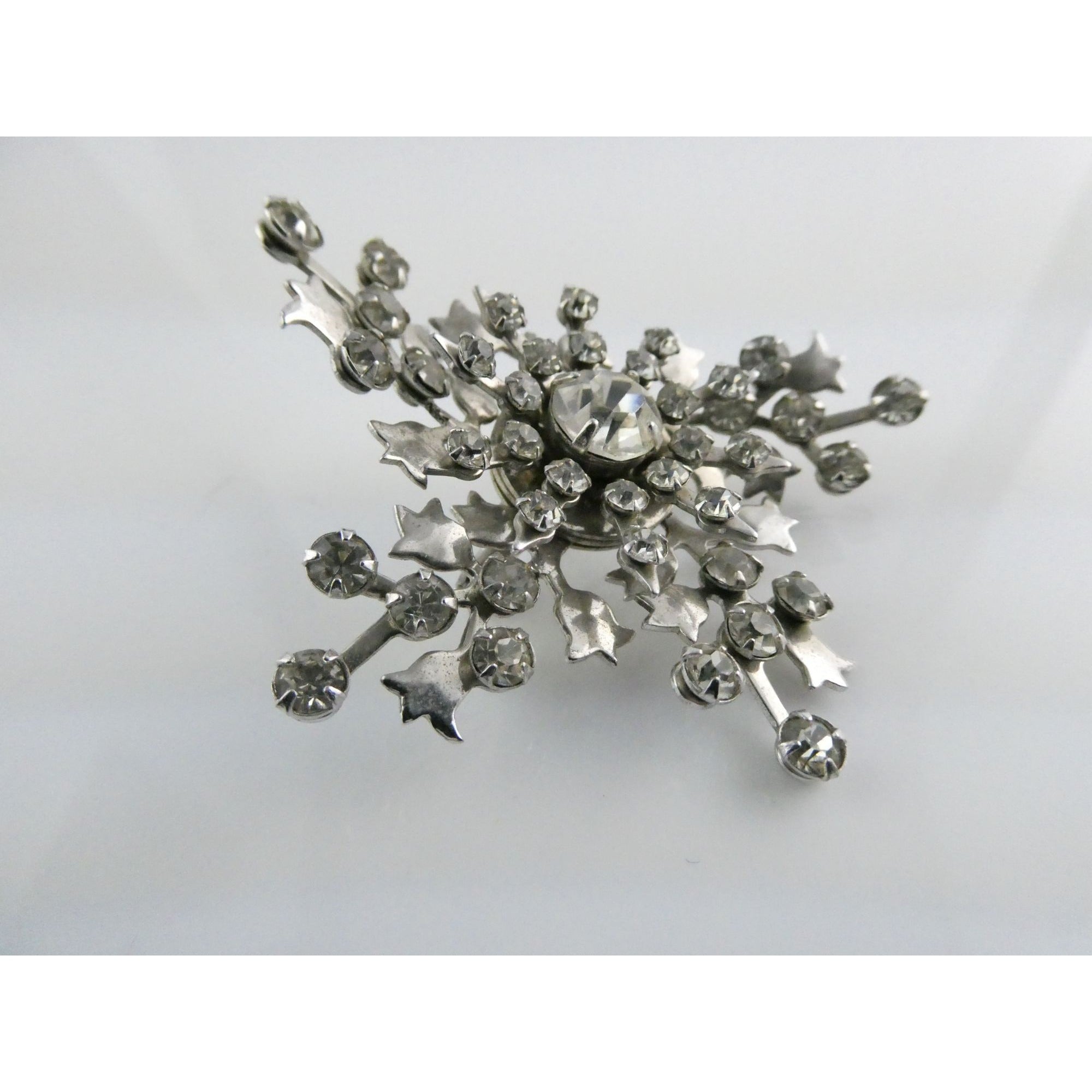 Vintage Silver Tone Metal Flowers and White Rhinestone Brooch Pin 13g 56mm Long