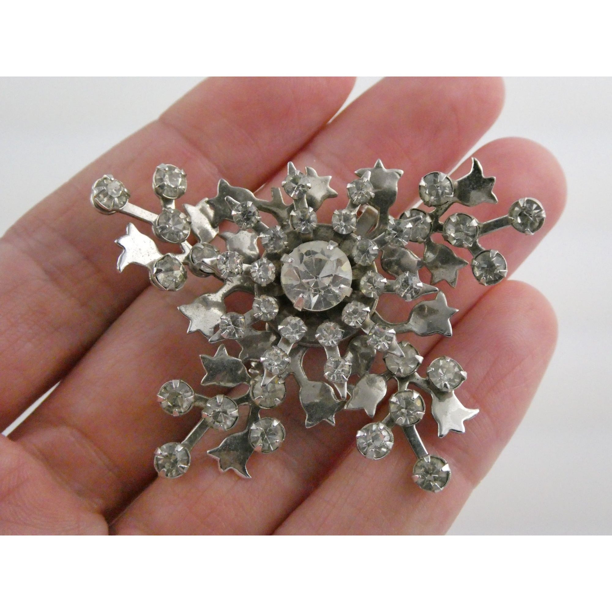 Vintage Silver Tone Metal Flowers and White Rhinestone Brooch Pin 13g 56mm Long