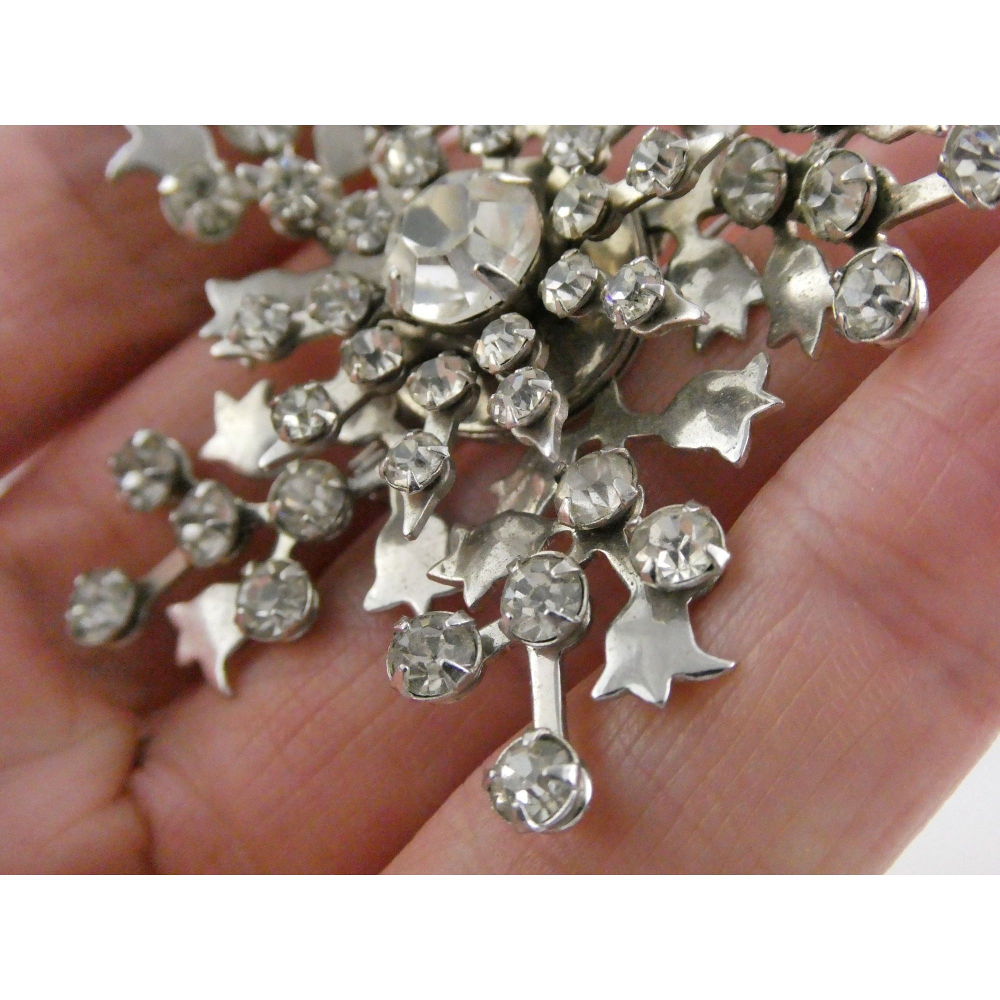 Vintage Silver Tone Metal Flowers and White Rhinestone Brooch Pin 13g 56mm Long